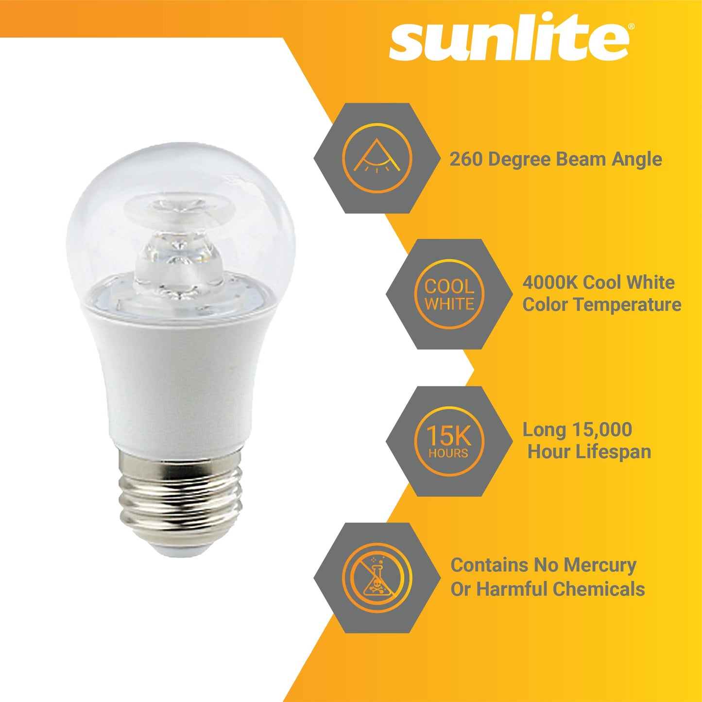 Sunlite 80137 LED A15 Appliance Clear Light Bulb, 6 Watts (40W Equivalent), 450 Lumens, Medium Base (E26), 90 CRI, Dimmable, ETL Listed, Ceiling Fan