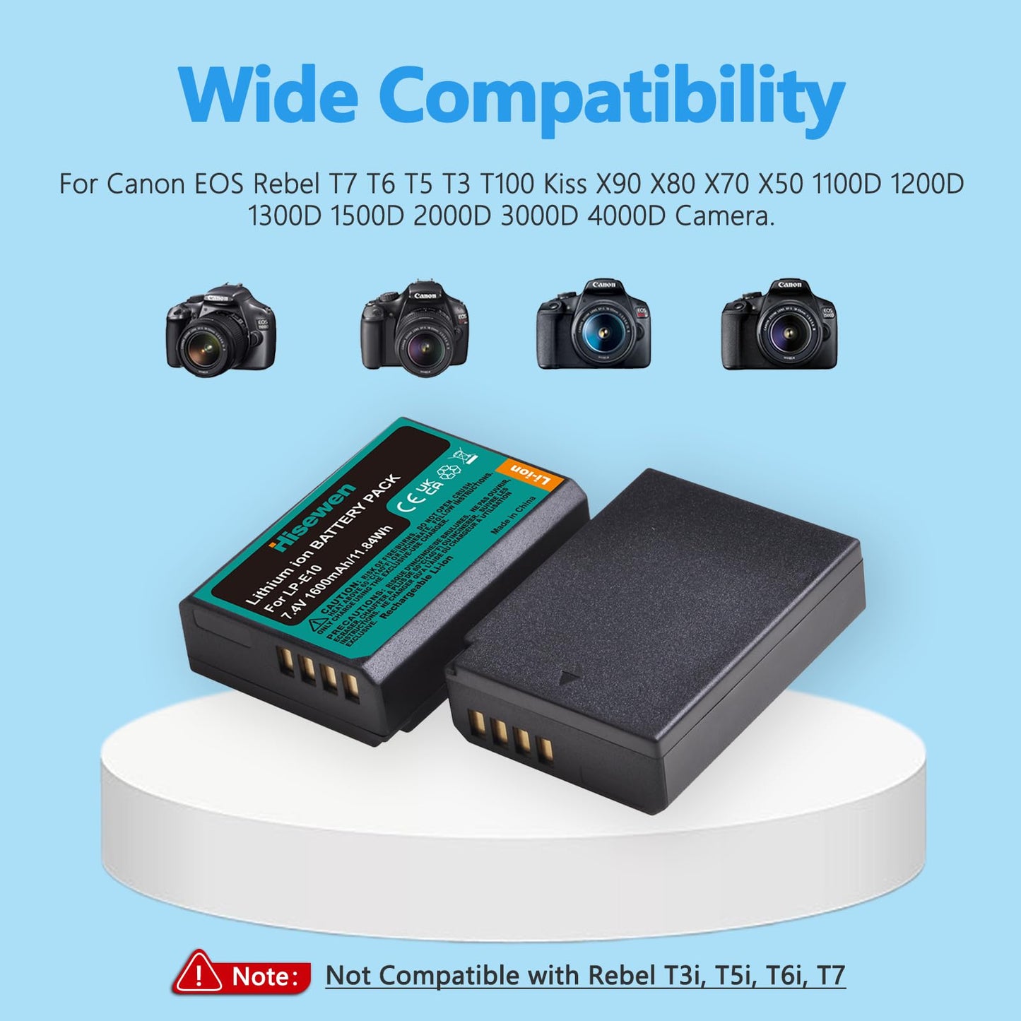 Hisewen LP-E10 Battery 2 Pack 1600 mAh and Dual Charger for Canon EOS Rebel T7 T6 T5 T3 T100 Kiss X90 X80 X70 X50 1100D 1200D 1300D 1500D 2000D 3000D