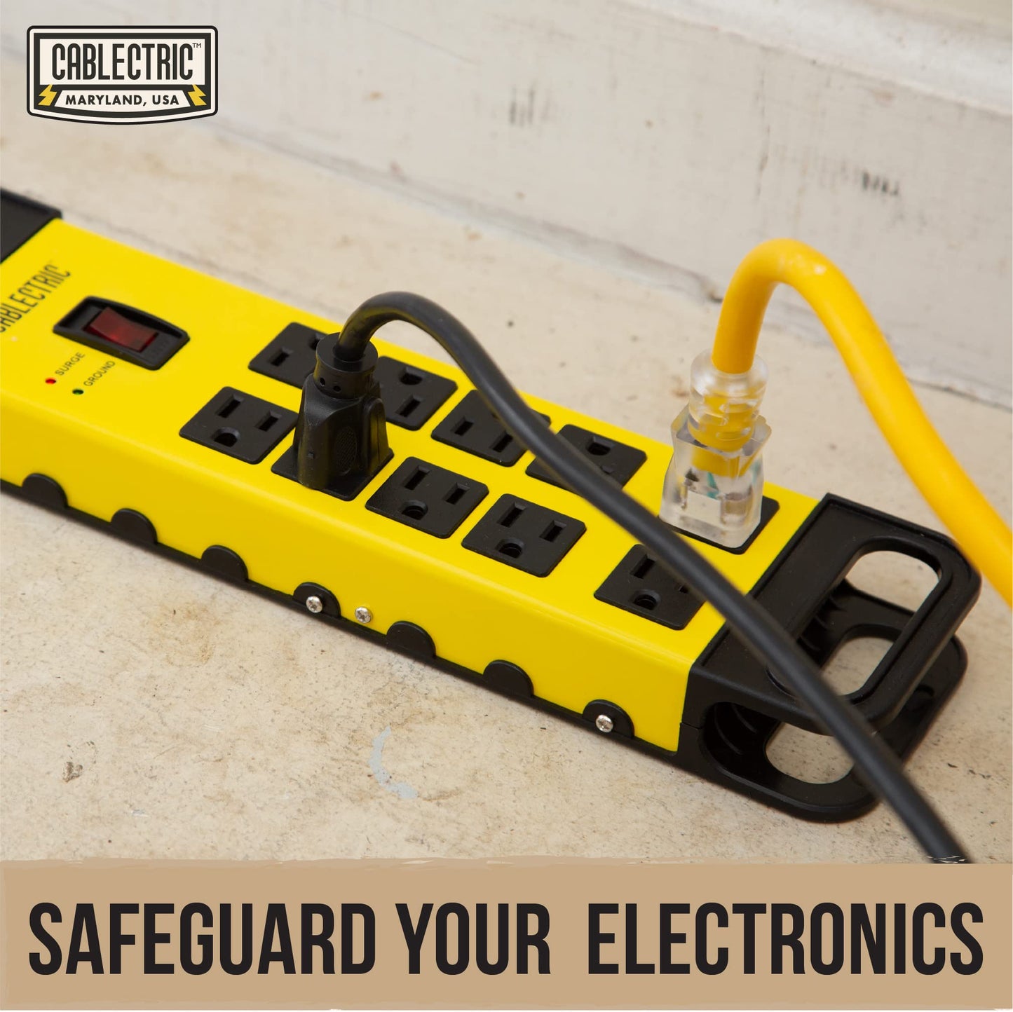 10 Outlet Heavy Duty Surge Protector Power Strip - Industrial Black and Yellow Metal Surge Protector with 15 Foot Extension Cord | Cablectric is an