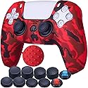 9CDeer 1 Piece of Silicone Transfer Print Protective Cover Skin + 10 Thumb Grips for PS5 Controller Paint red