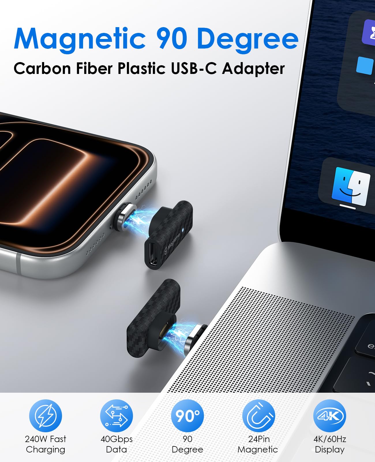 Magtame 2Pack 240W Magnetic USB C Right Angle Adapter, 24-Pin 90°USB-C Extender with Carbon Fiber Plastic Shell, Dust-Proof 40Gbps Fast Charging & 4K…