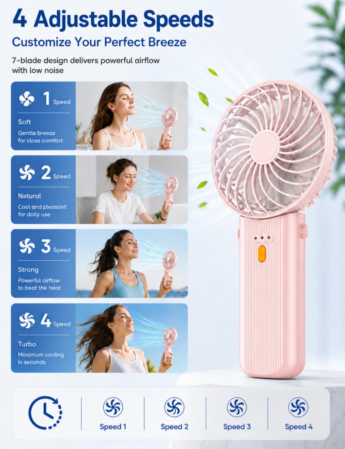 Breezefan Portable Mini Fan, Quiet Foldable Fan with Lanyard (Pink)