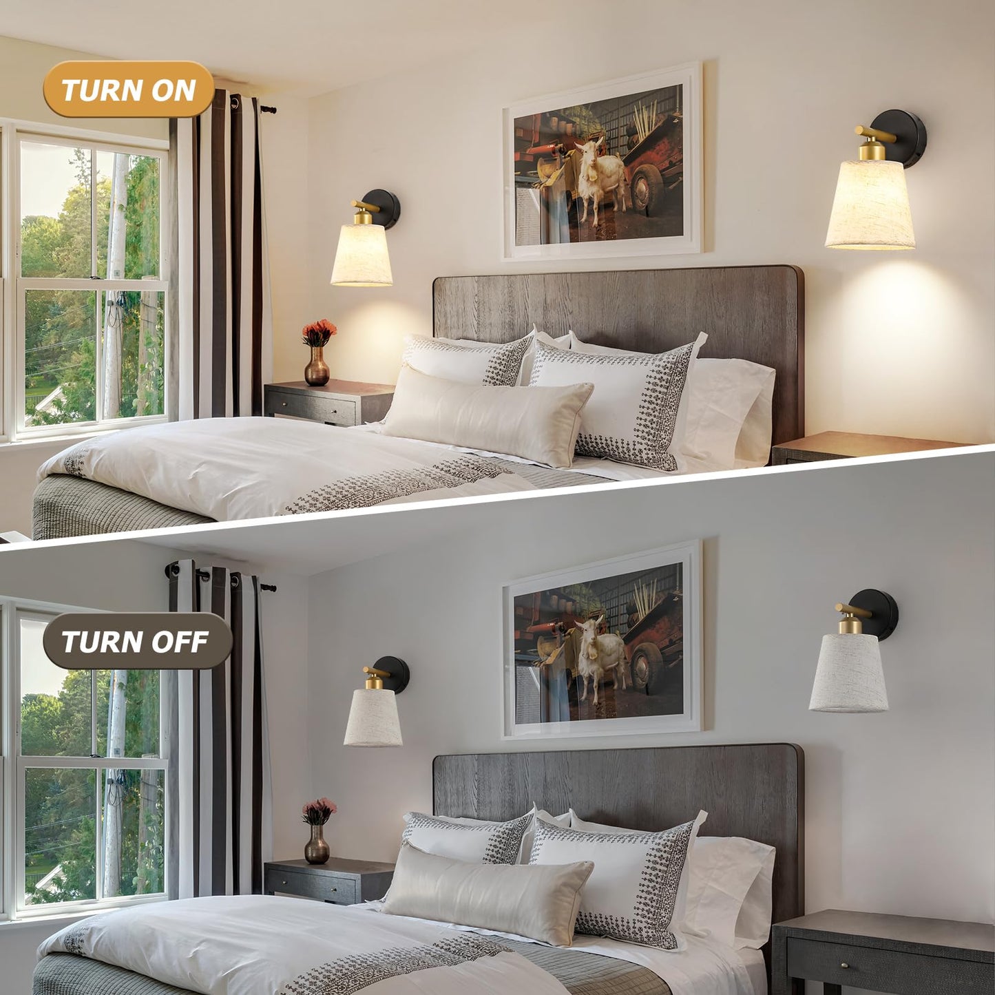 JOOSENLUX Battery Operated Wall Sconce Set of 2 with Fabric Shade - Rechargeable Cordless Wall Lamps, Remote Control, Dimmable LED, Black and Gold