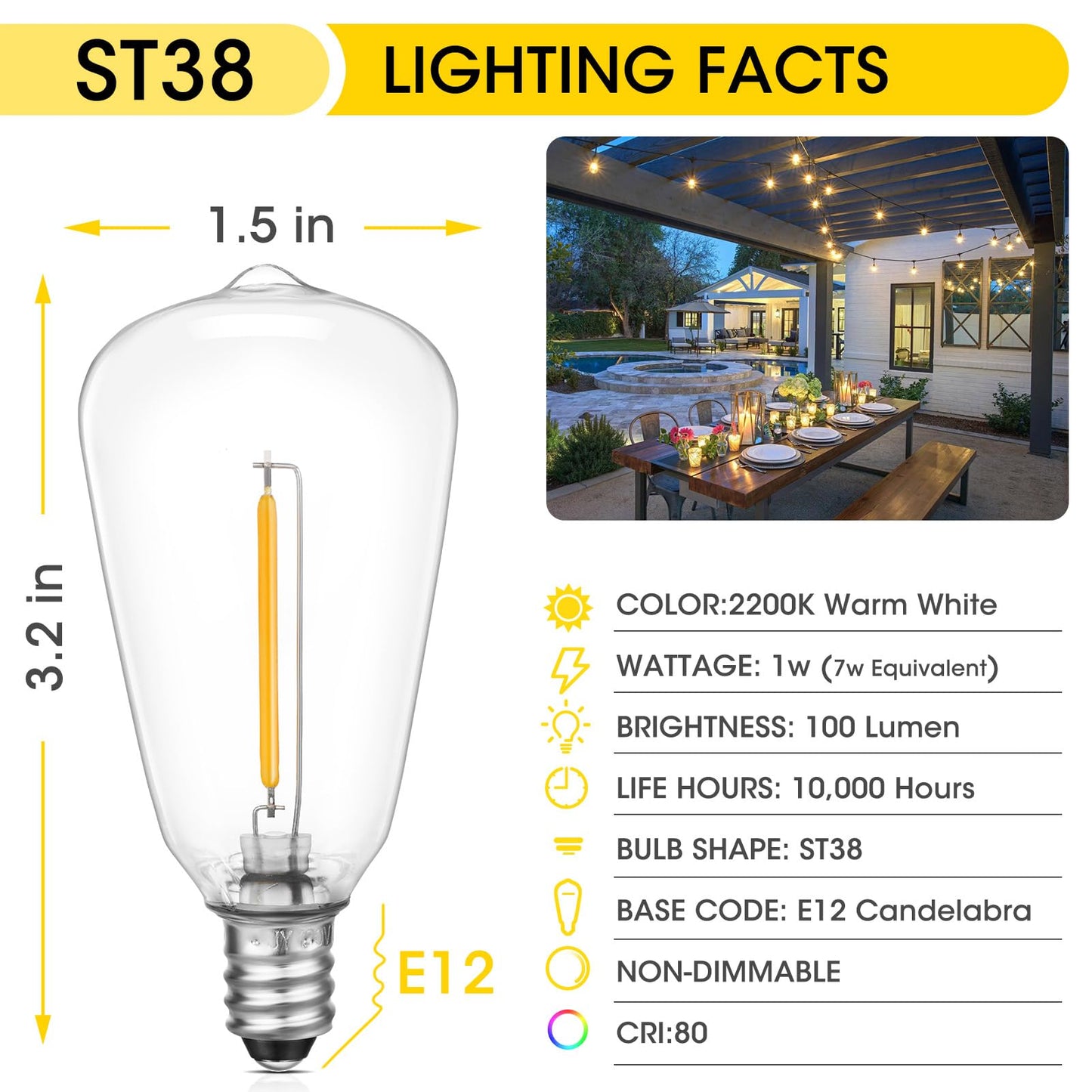 VISTERLITE E12 Base ST38 LED Replacement Bulbs for Outdoor String Lights