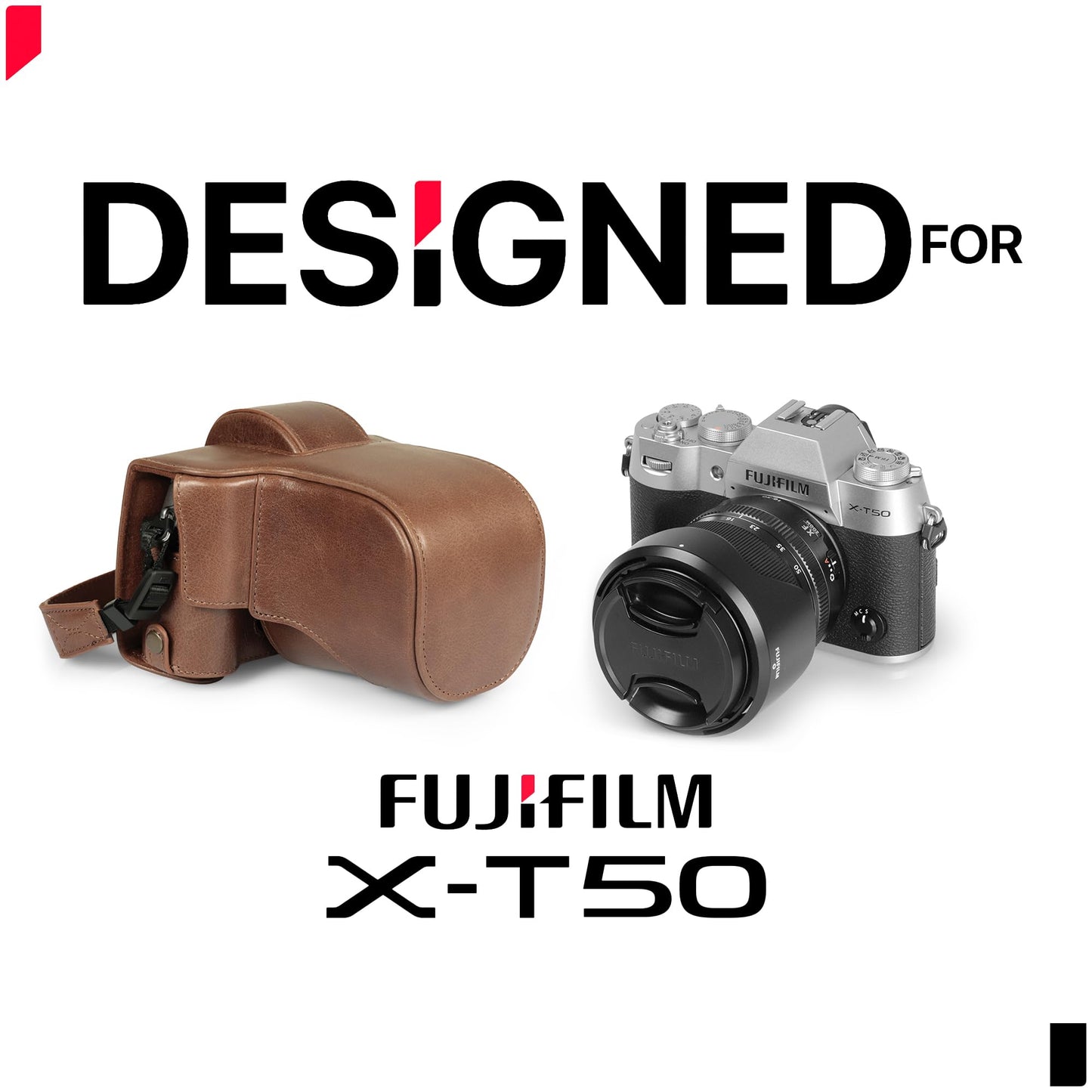 MegaGear Genuine Leather Camera Case for Fujifilm X-T50 (16-50mm & 18-55mm)- Stylish and Protective - Brown