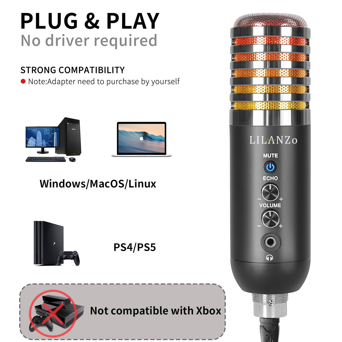 LILANZo USB Condenser Microphone for PC PS4, PS5 Streaming Singing Podcast Studio, Computer Cardioid Gaming Mic Kit for Recording YouTube with Boom