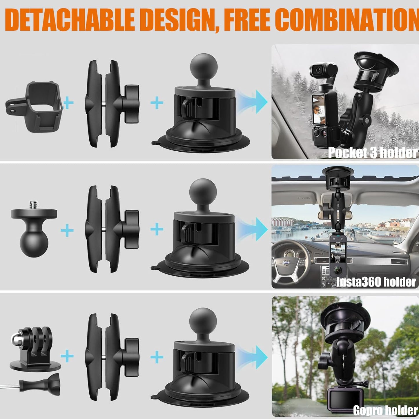 Upgraded Pocket 3 Suction Cup Mount, Car Windshield Window Dash Holder Kit with Expansion Adapter for DJI Osmo Pocket 3, Insta360 X5 X4 X3, DJI Osmo