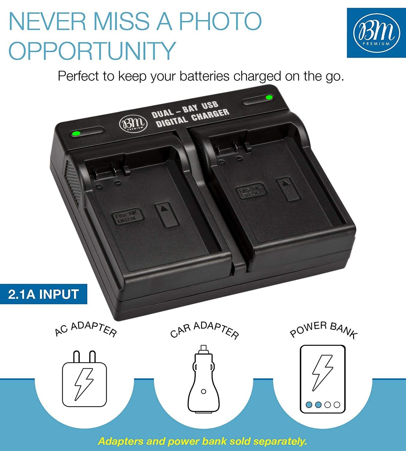 BM Premium EN-EL14, ENEL14A Dual Rapid Battery Charger for Nikon D3400, D3500, D5600, D3100, D3200, D3300, D5100, D5200, D5300, D5500, DF, Coolpix