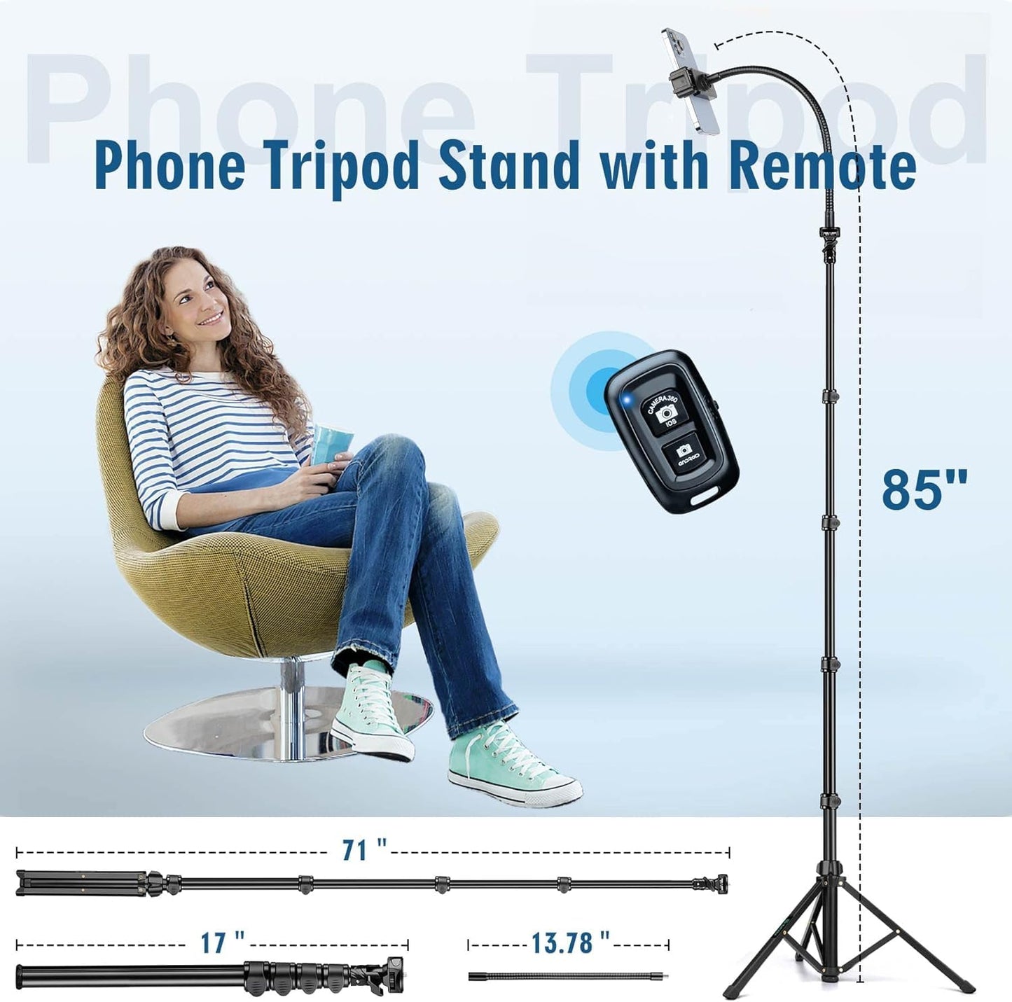 Selfie Stick Tripod, 85" Phone Tripod, Aluminum Tripod Stand for Video Recording Photo Vlog, Travel Cell Phone Tripod with Gooseneck/Remote/Phone