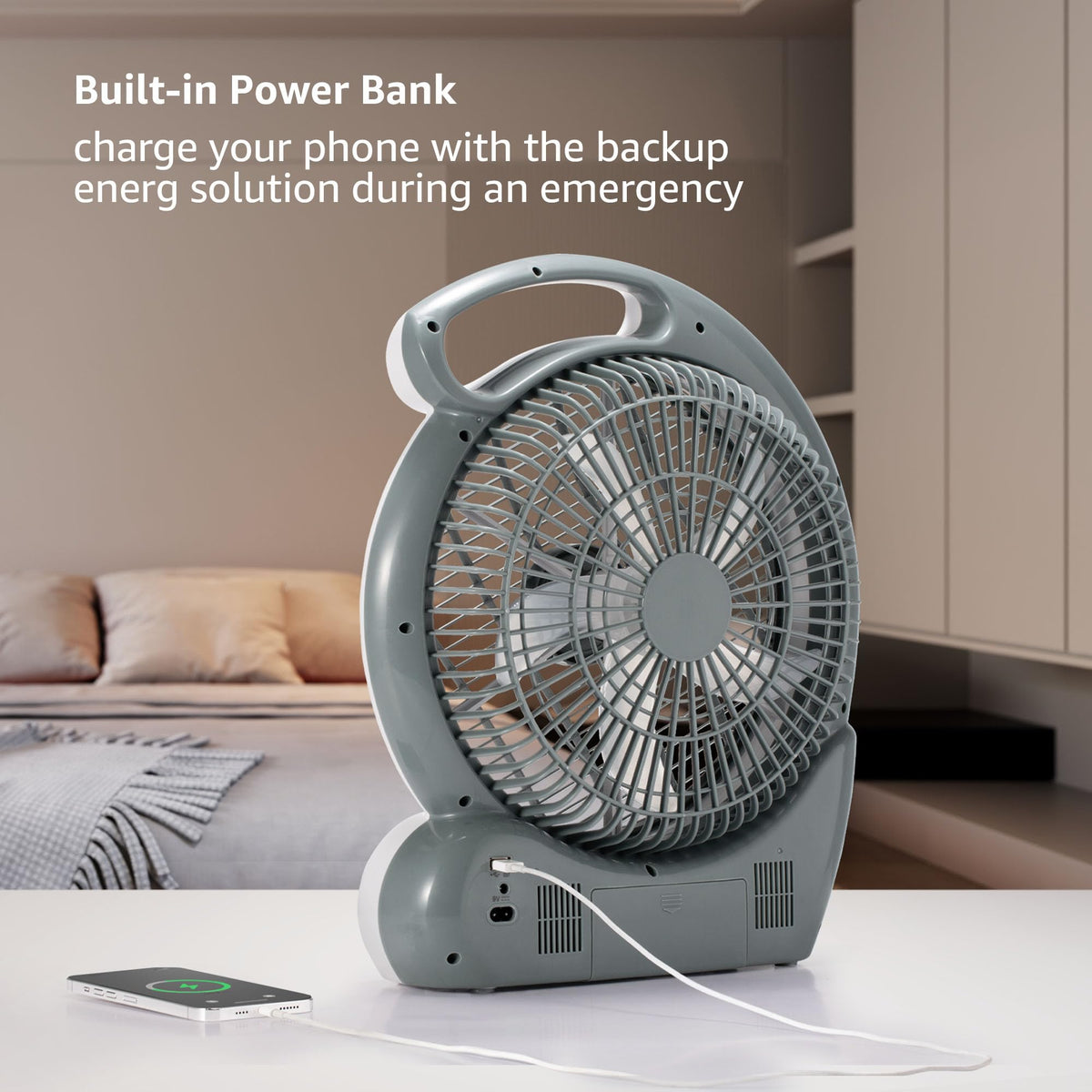 LUDGER 10" Rechargeable Fan with LED and FM Radio (EL-8210F), Portable, Long Battery life, 2 Speeds, USB Charge, AM/FM Radio, Rotatable Grill