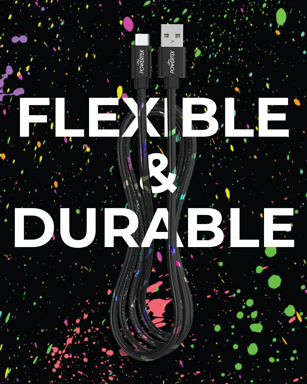 LIQUIPEL Powertek Type-C Fast Charger Cable, 6ft USB-C for Galaxy, Note, Tab, MacBook, Neon Party (Black)