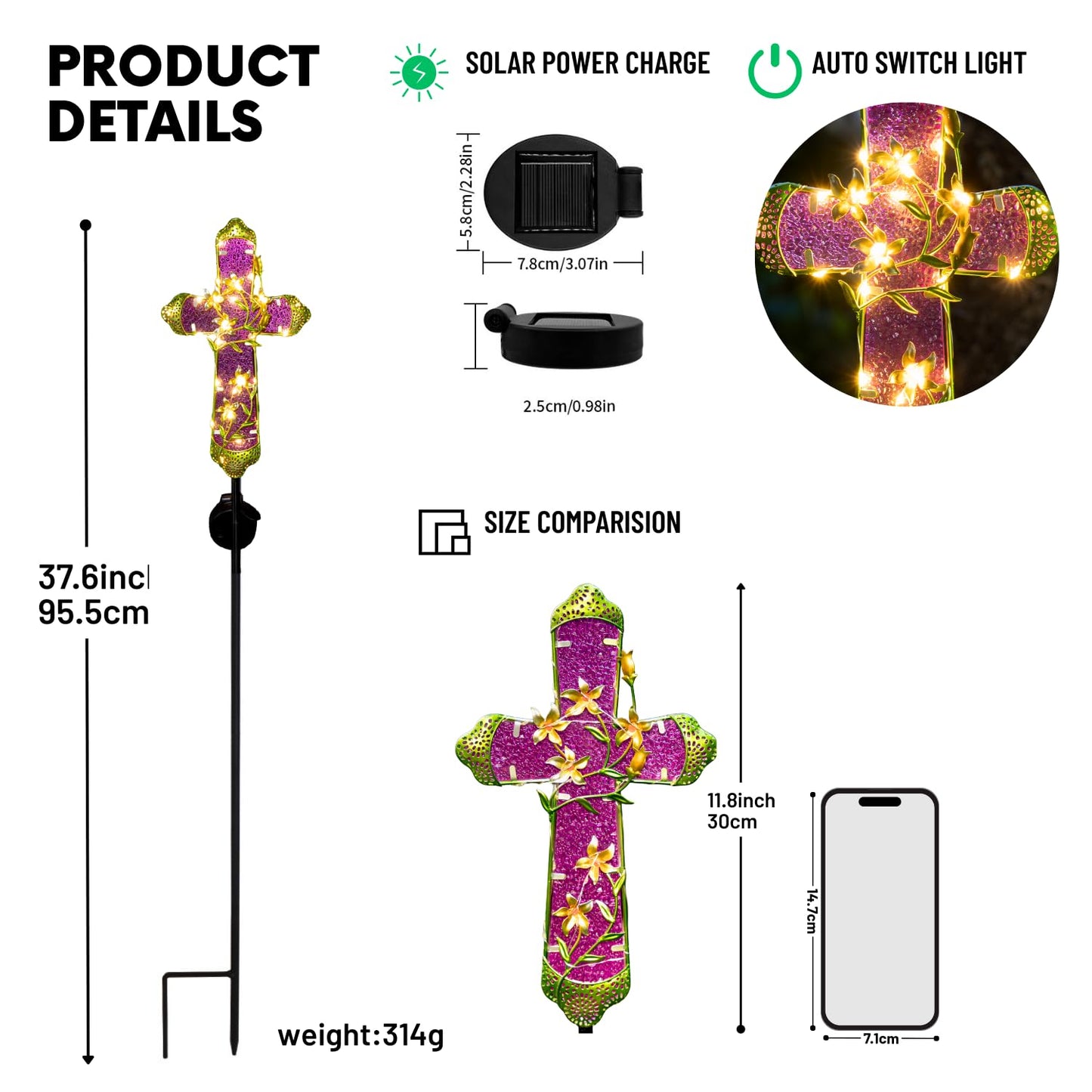 Quterhero Solar Cross Stake for Cemetery Grave, Memorial Grave Decoration with Flowers and LED Light, Outdoor Solar Cross for Lawn Garden Pathway