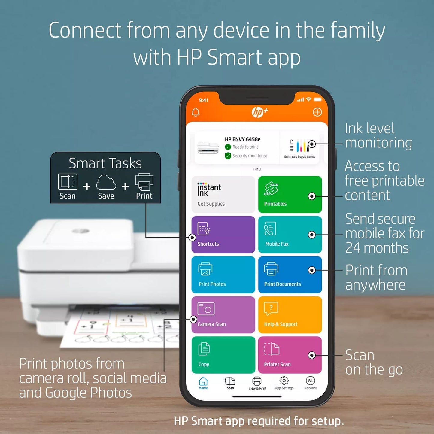 HP Envy 6458e All-in-One Wireless Color Inkjet Printer, 2-Sided Printing, Copy, scan, Fax, 10 ppm, 4800 x 1200 dpi, 35-Sheet ADF, Dual-Band WiFi