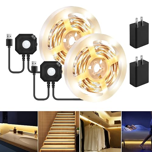 HOUHUI Motion Sensor LED Light Strip, 2PCS 9.8Ft Motion Sensor Light Indoor with Automatic Shut-Off Timer, Motion Activated Bed Lights Under Cabinet