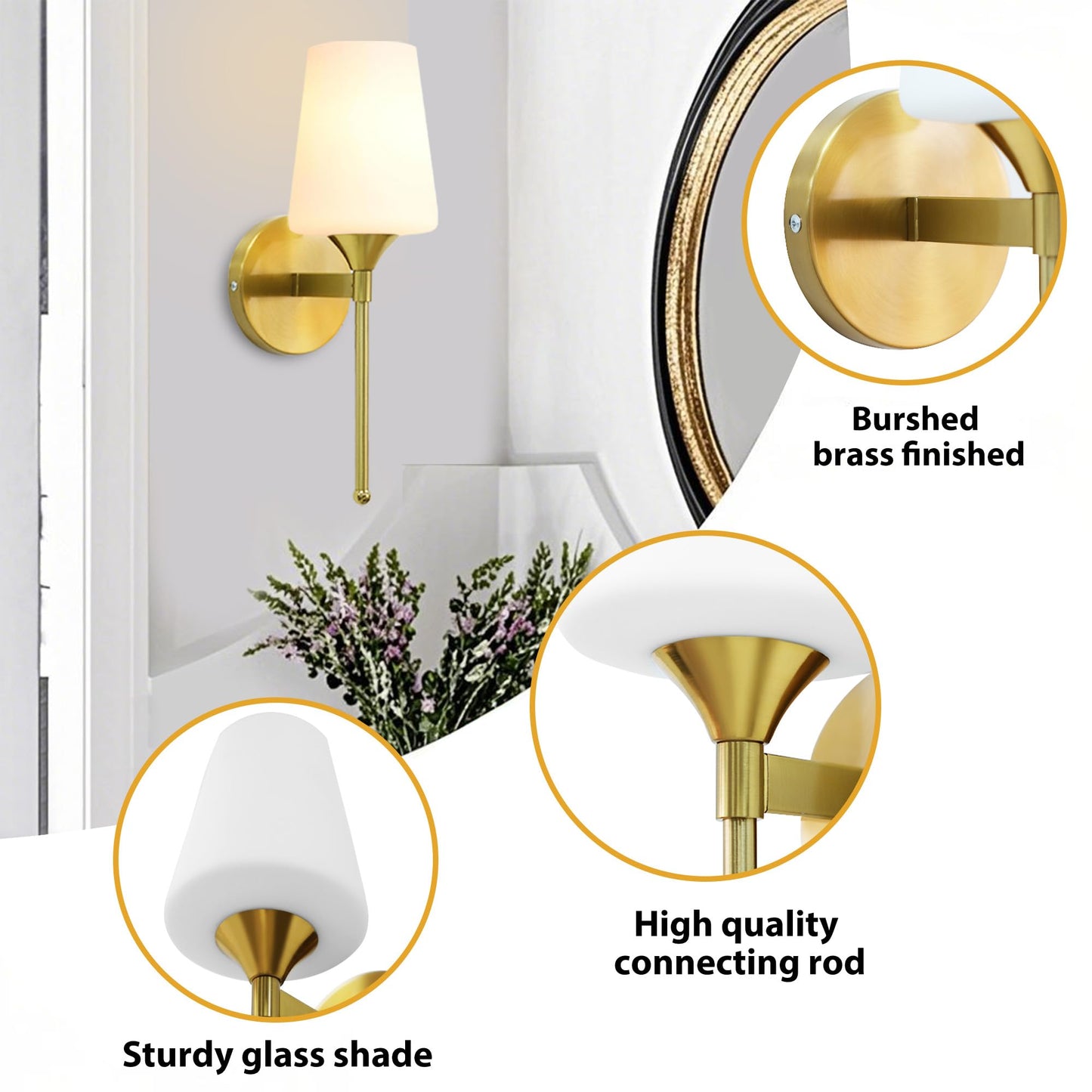 YHTlaeh New Bathroom Vanity Light Fixtures 3 Lights Brushed Brass Glass Shade Modern Wall Bar Sconce Over Mirror (Brushed Brass, 1T)