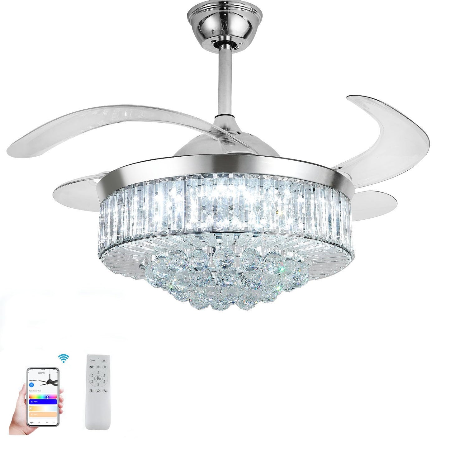 42" Smart Retractable Crystal Ceiling Fan with Light: Alexa/Google Home & Remote, Bluetooth Speaker, Dimmable RGB Light, 6-Speed Reversible Fandelier
