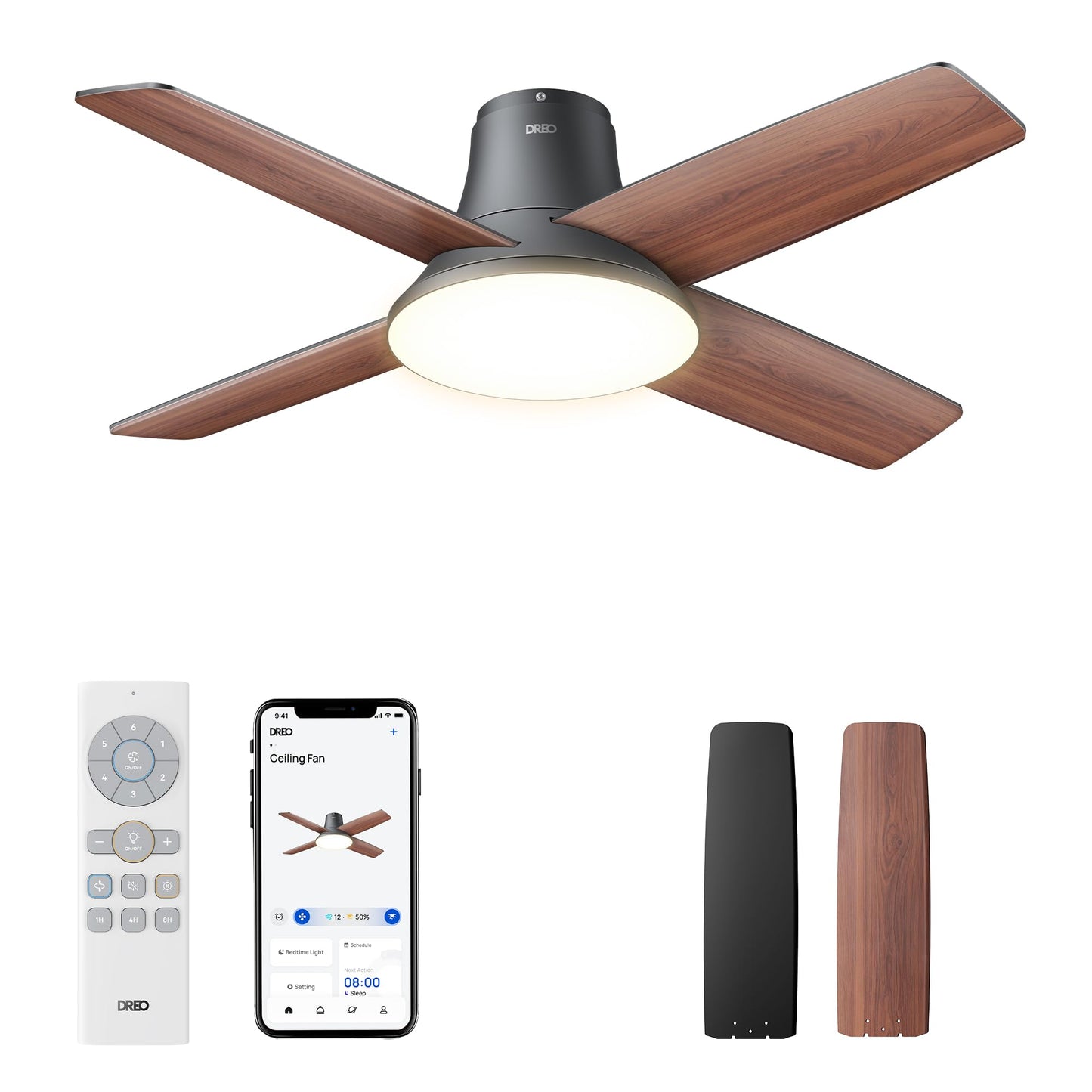 DREO Smart Flush Mount Ceiling Fan with Lights and Remote, 44 Inch, Bedroom