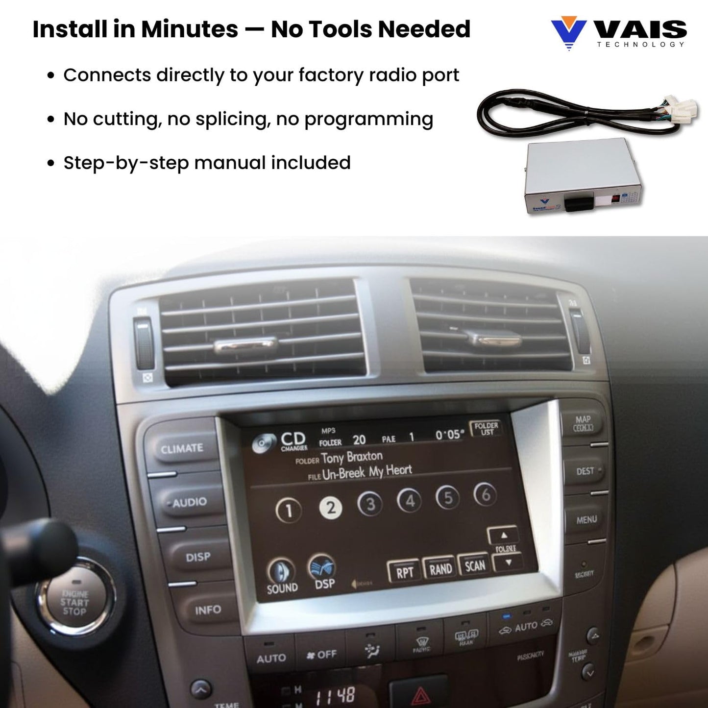 VAIS Technology SL3b-T Bluetooth Audio Adapter - Wireless Music Streaming Add-On Compatible with Most Toyota 2004-2012 Vehicles - Retains Steering
