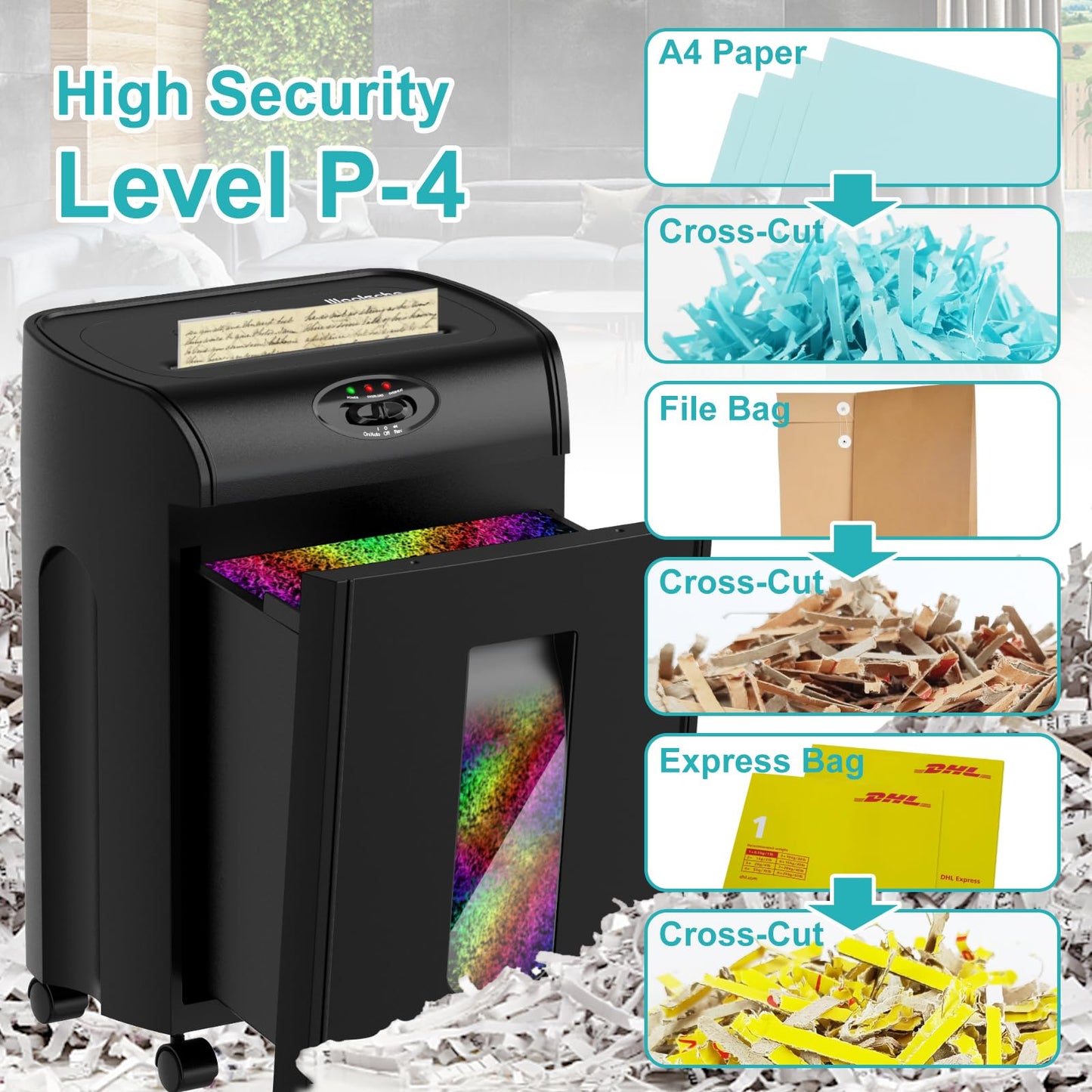 Woolsche Paper Shredder, 16-Sheet Cross Cut with 4.76-Gallon Pull Out Basket, P-4 Security Level, 3-Mode Design Shred Paper and CD/Credit Card