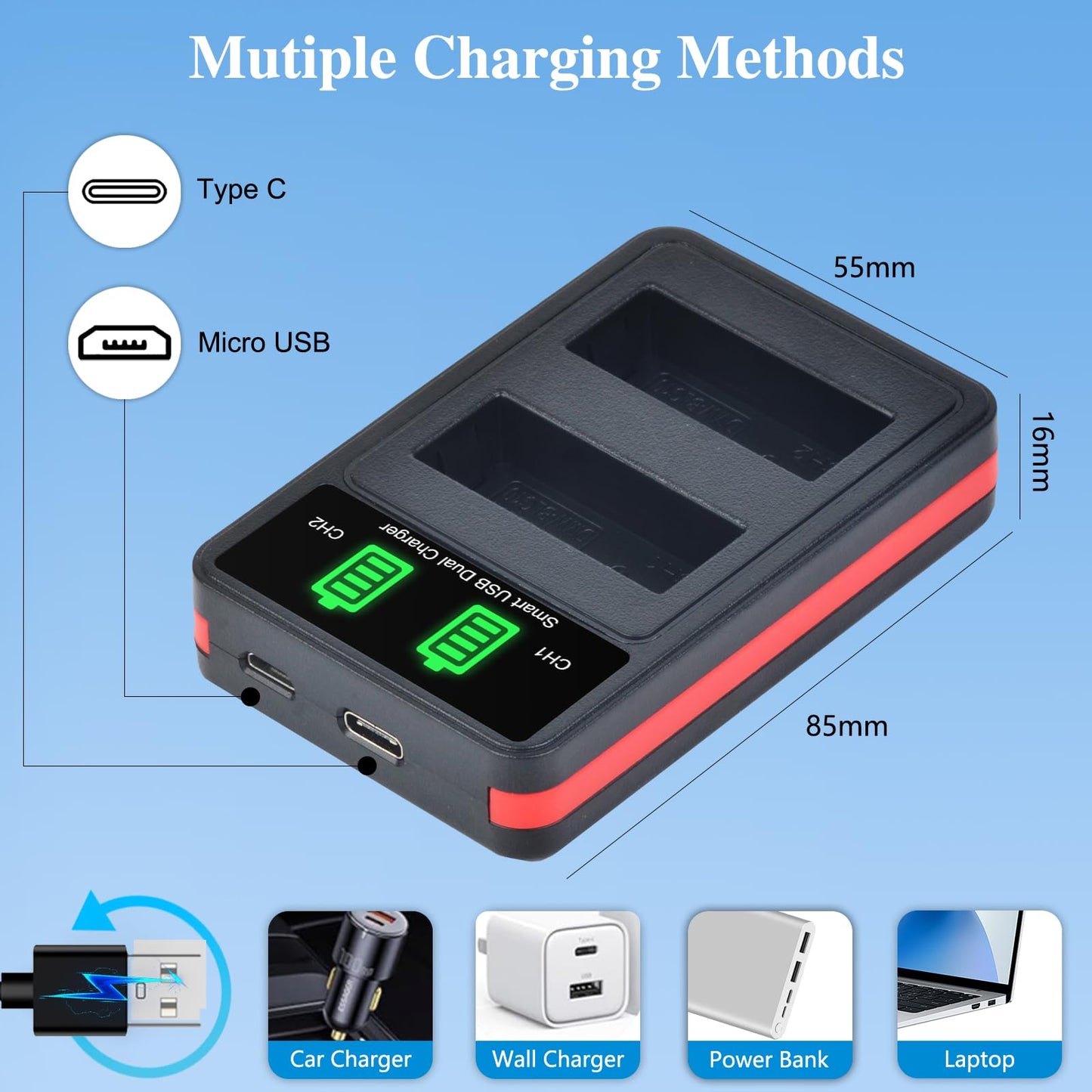 Pickle Power DMW-BLG10 DMW-BLG10PP DMW-BLE9 Battery and Charger for Panasonic Lumix DMC-GX7 DC-GX9 DMC-GX85 DMC-GF5 DMC-GF6 DMC-GF3 DC-ZS80 DMC-ZS60