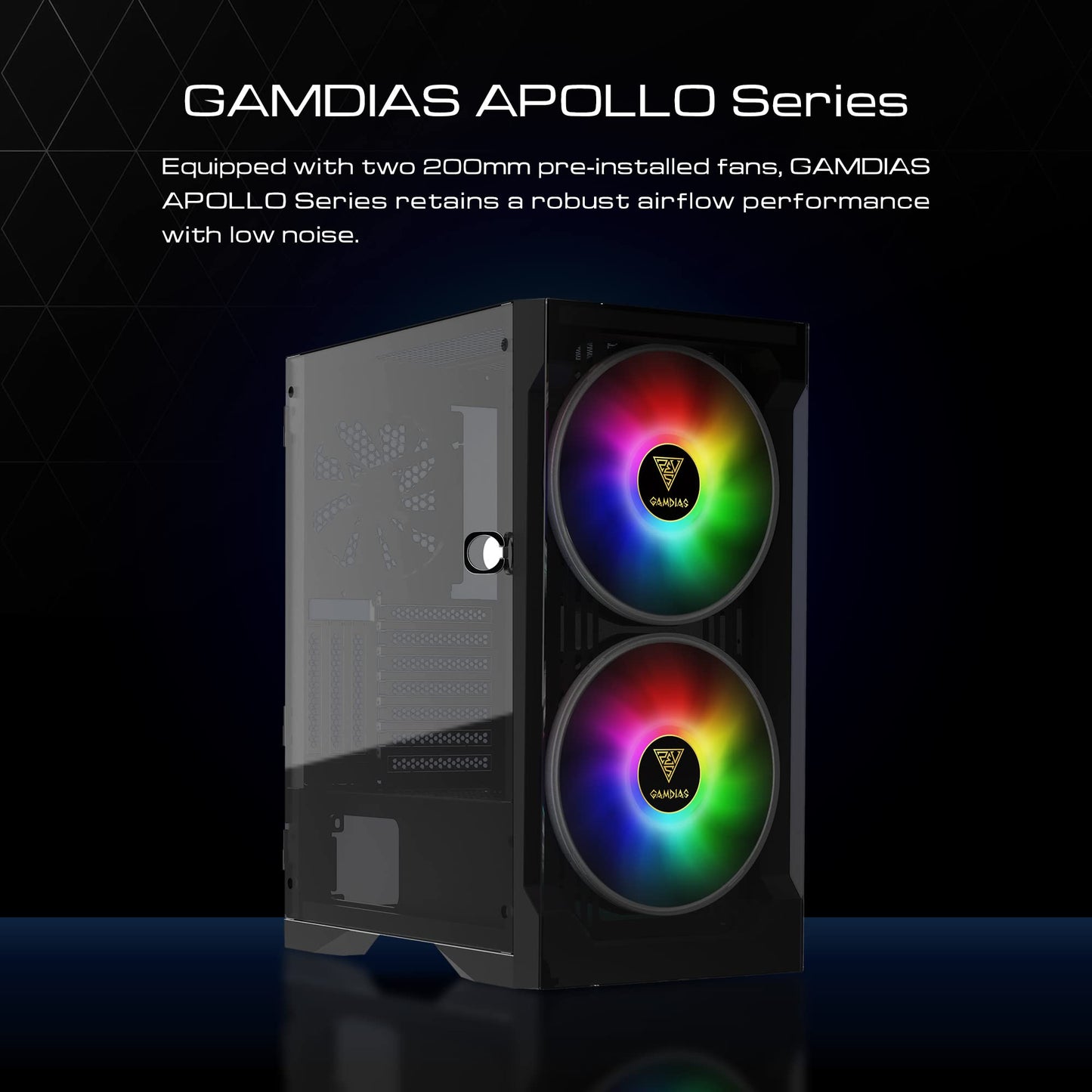 GAMDIAS Apollo E2 Elite Gaming Case Mid Tower ATX 2 x 200mm ARGB Fan Trapezoidal Tempered Glass Panel with Tool Free Installation Tempered Glass