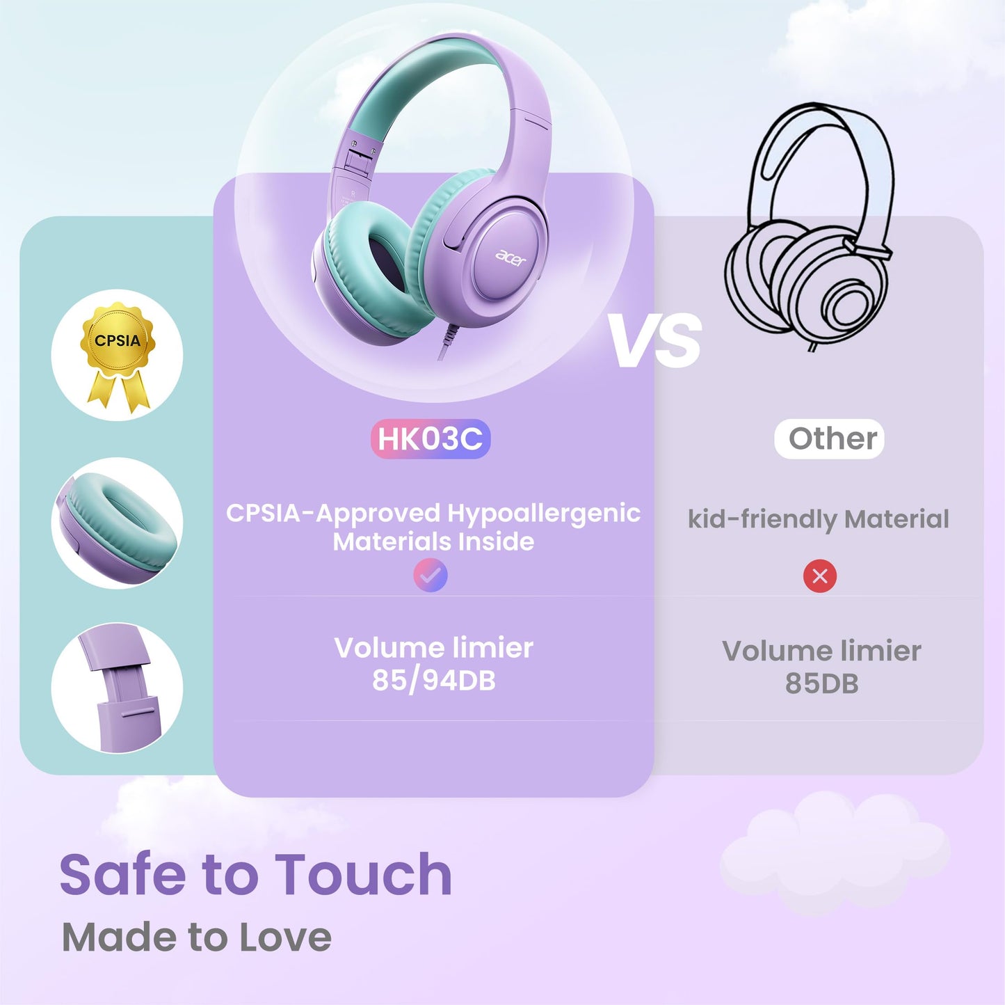 Acer USB?C Kids Headphones for School, 85?94dB Limiter, w/Mic HK03C