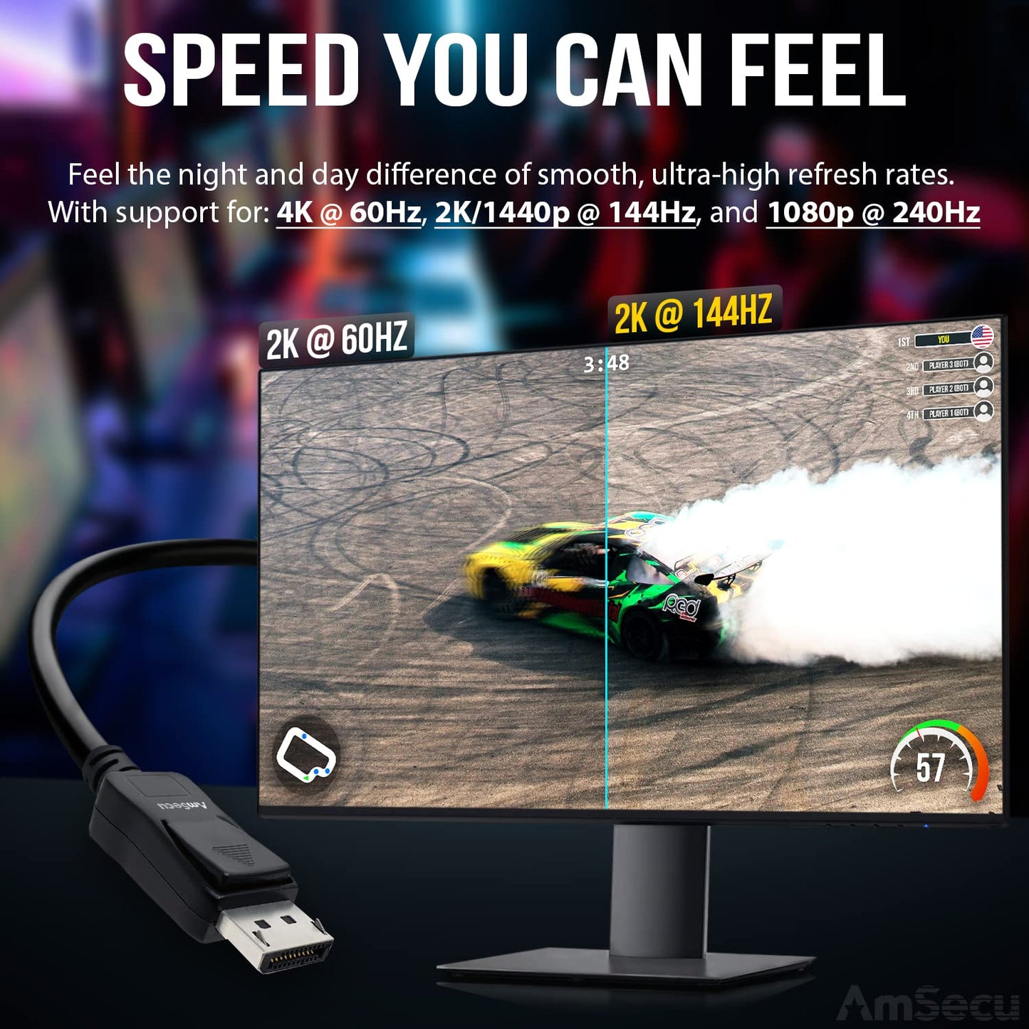 AmSecu Display Cable to Display Cable 1.2, 4 Pack, Long 10ft cable for computer monitor with latch & release button, Up to 4K @ 60hz, 1440p @ 144Hz
