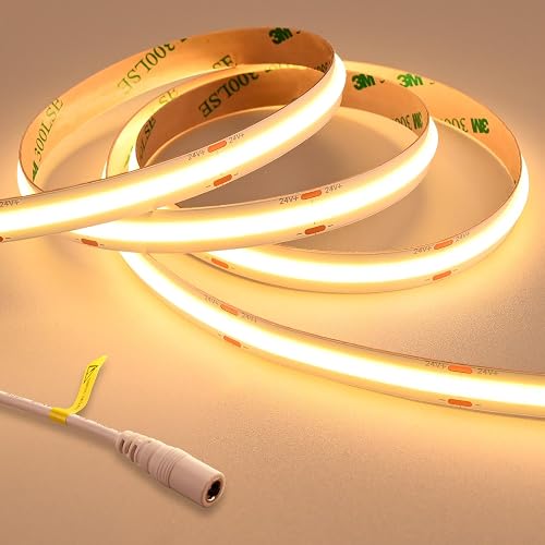 GOMING 24V Super Bright COB LED Strip Light Warm White 3000K 16.4ft(5M) 621LM/FT 14.5W/M CRI 93+ High Density 480LED/M IP20 Not Waterproof LED Tape