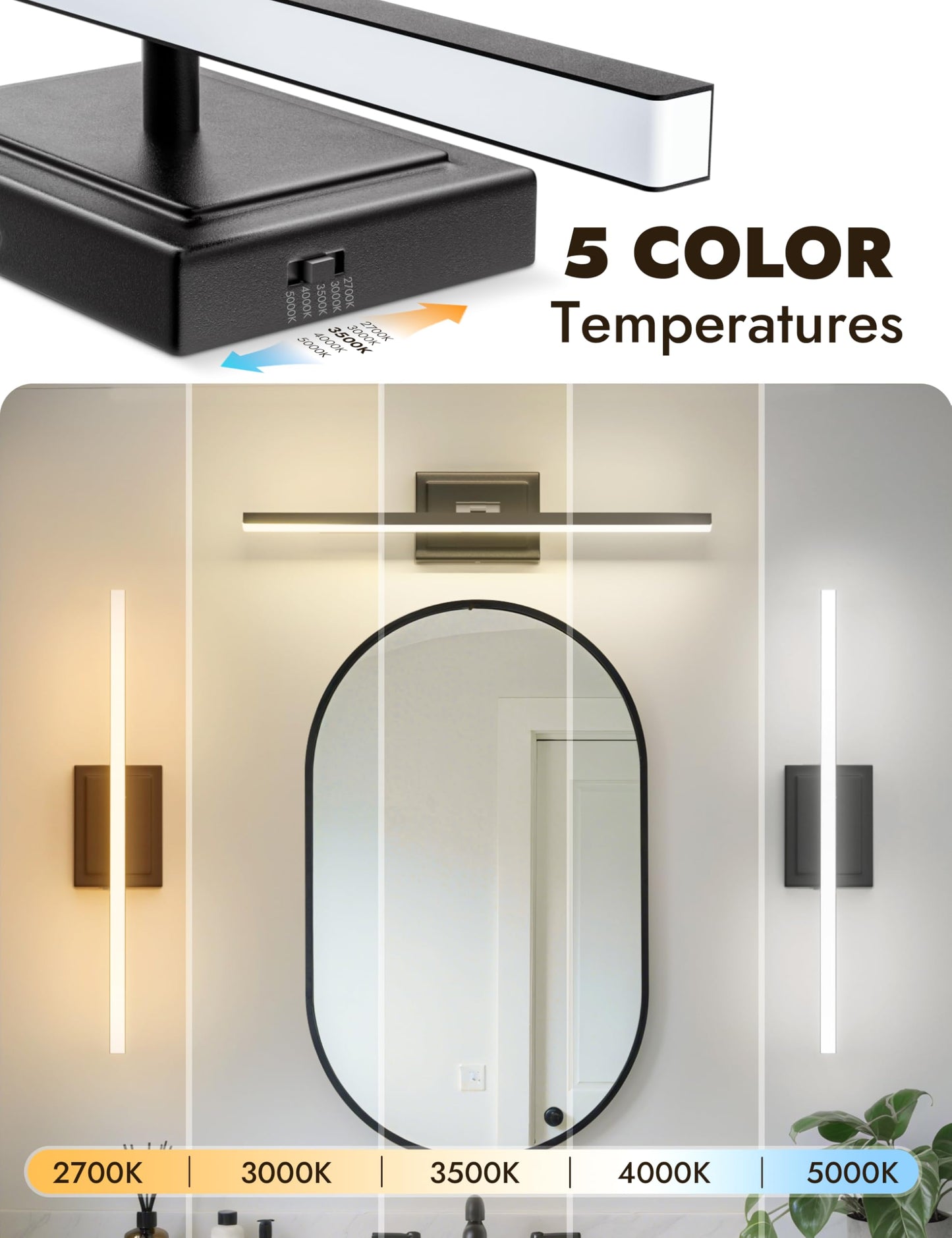 NIORSUN 24 Inch Modern Bathroom Light Fixture, 14W 5CCT Dimmable LED Black Bathroom Vanity Lights Over Mirror, Vanity Lights for Bathrooms Restroom