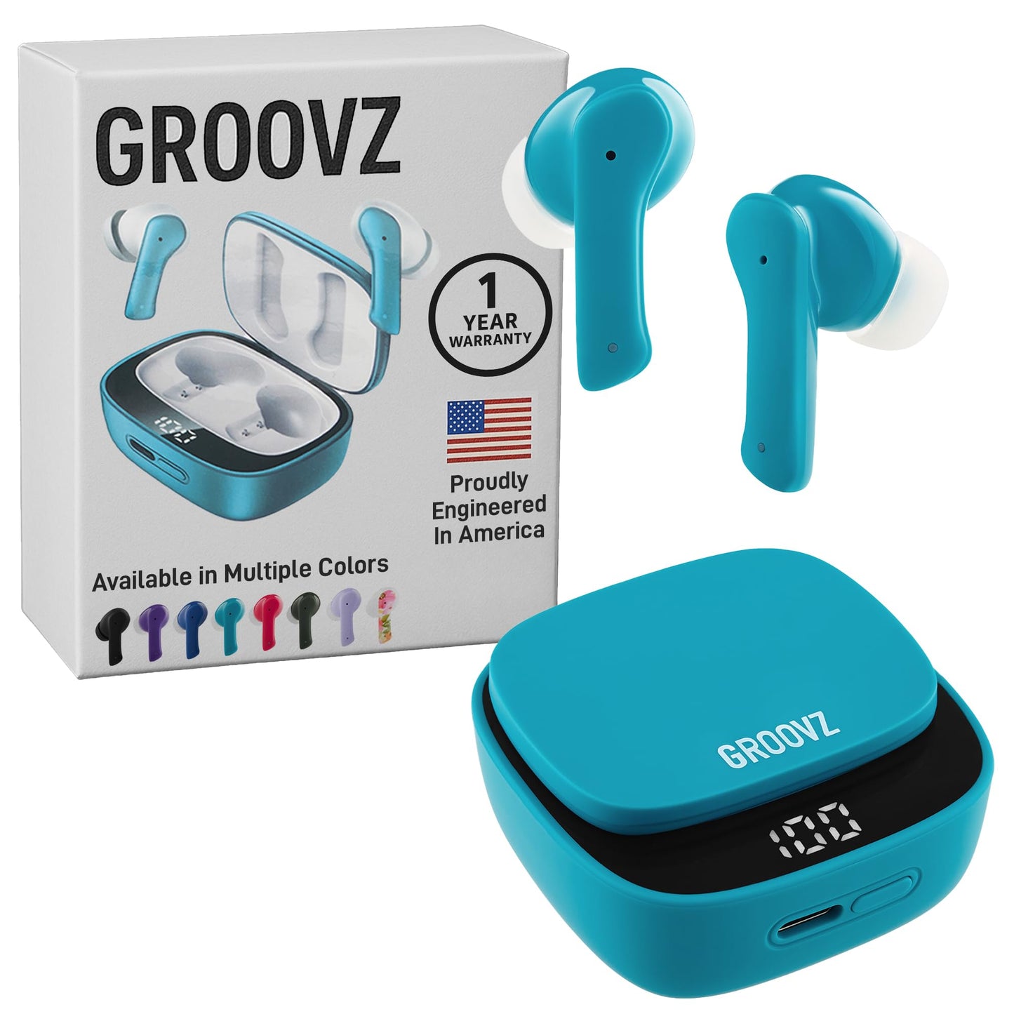 Groovz True Wireless Earbuds with Charging Case - Designed and Engineered in The USA - IPx4 Water Resistant Bluetooth Earbuds Compatible with Apple
