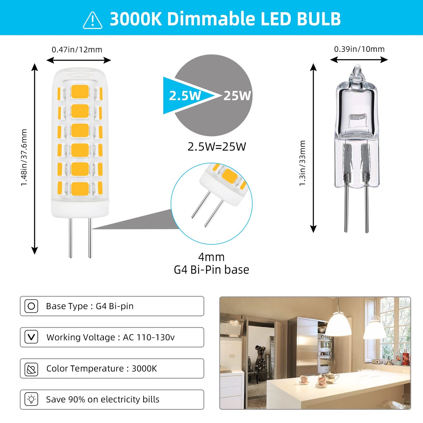 TZHILAN G4 LED Light Bulb 120V Dimmable, Brighter with Glass Cover, 2.5W Bi Pin Base Mini Lamp Warm White 3000k Equivalent 25W Halogen Bulb