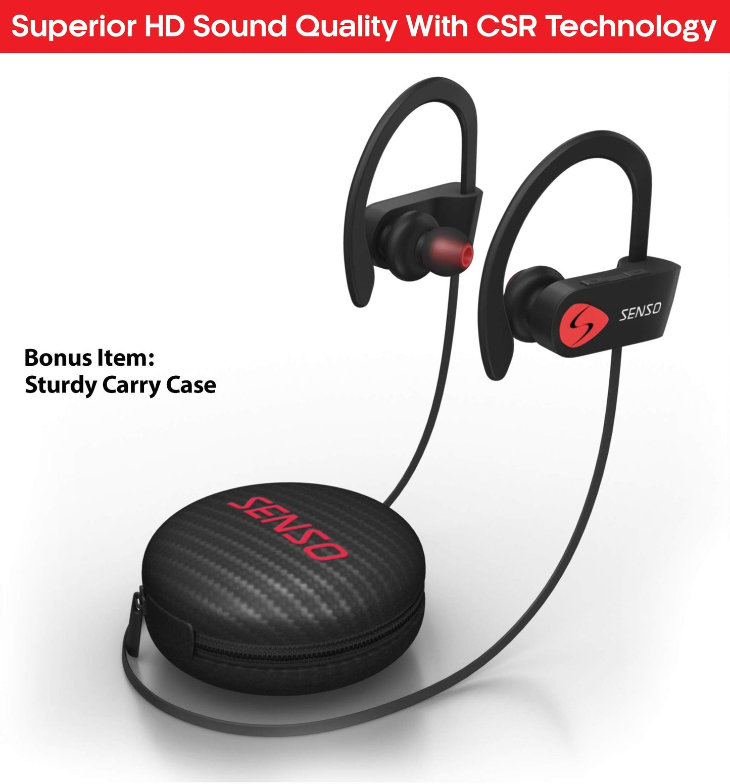 SENSO Bluetooth Headphones, Best Wireless Sports Earbuds w/Mic IPX7 Waterproof HD Stereo Sweatproof Earphones for Gym Running Workout Noise Cancelling