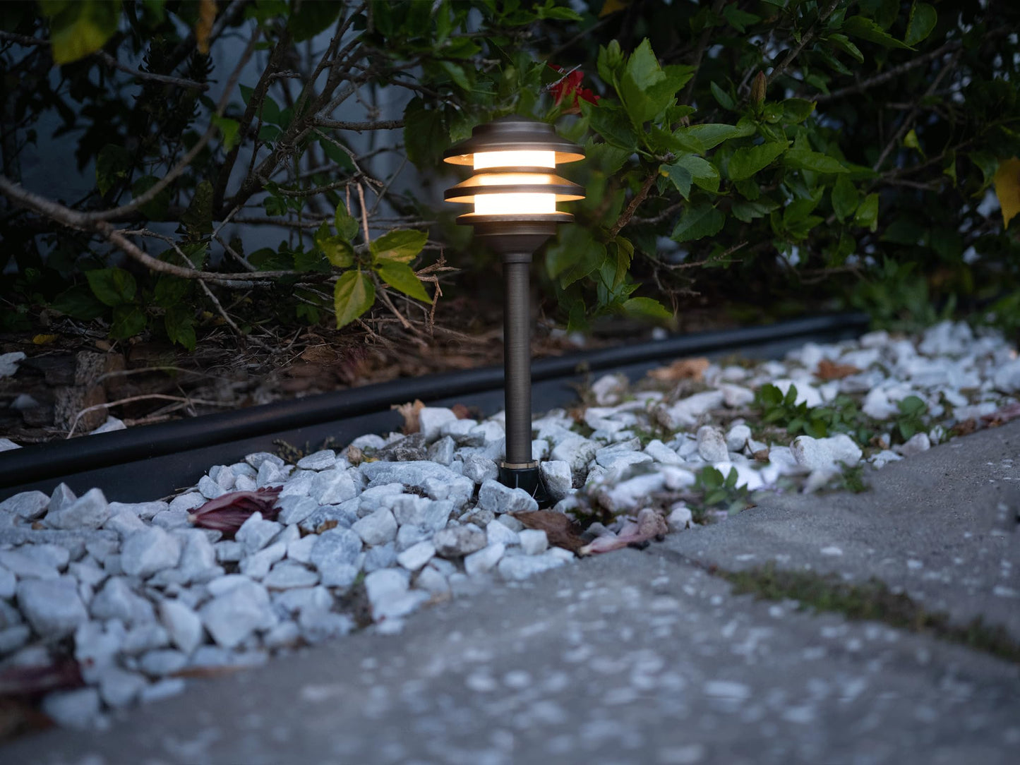 Lumen Logic 12V Cast Brass Pagoda Path Light (Bronze) with 3W 2700K Warm White G4 LED Bulb for Low Voltage Landscape Lighting on Outdoor Pathway