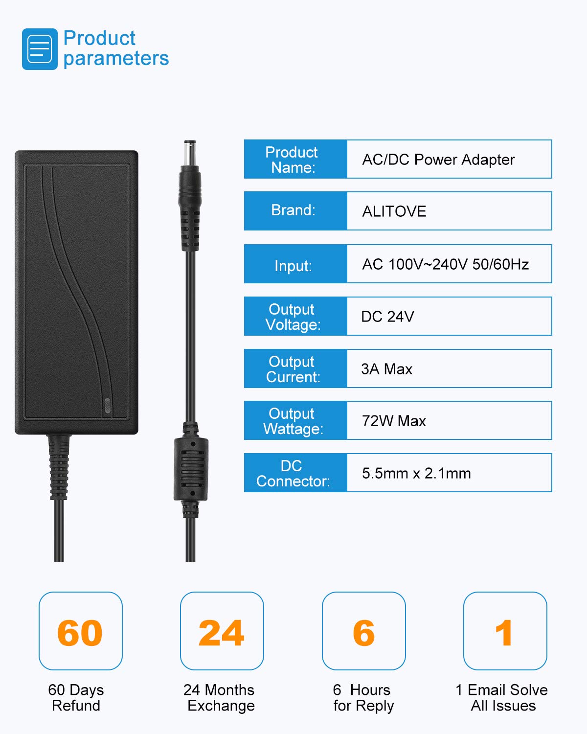 ALITOVE 24V 3A 72W AC to DC Adapter Power Supply Converter AC 100V ~ 240V to DC 24V 3amp Transformer with 5.5x2.1mm DC Output Jack for 5050 3528 LED…