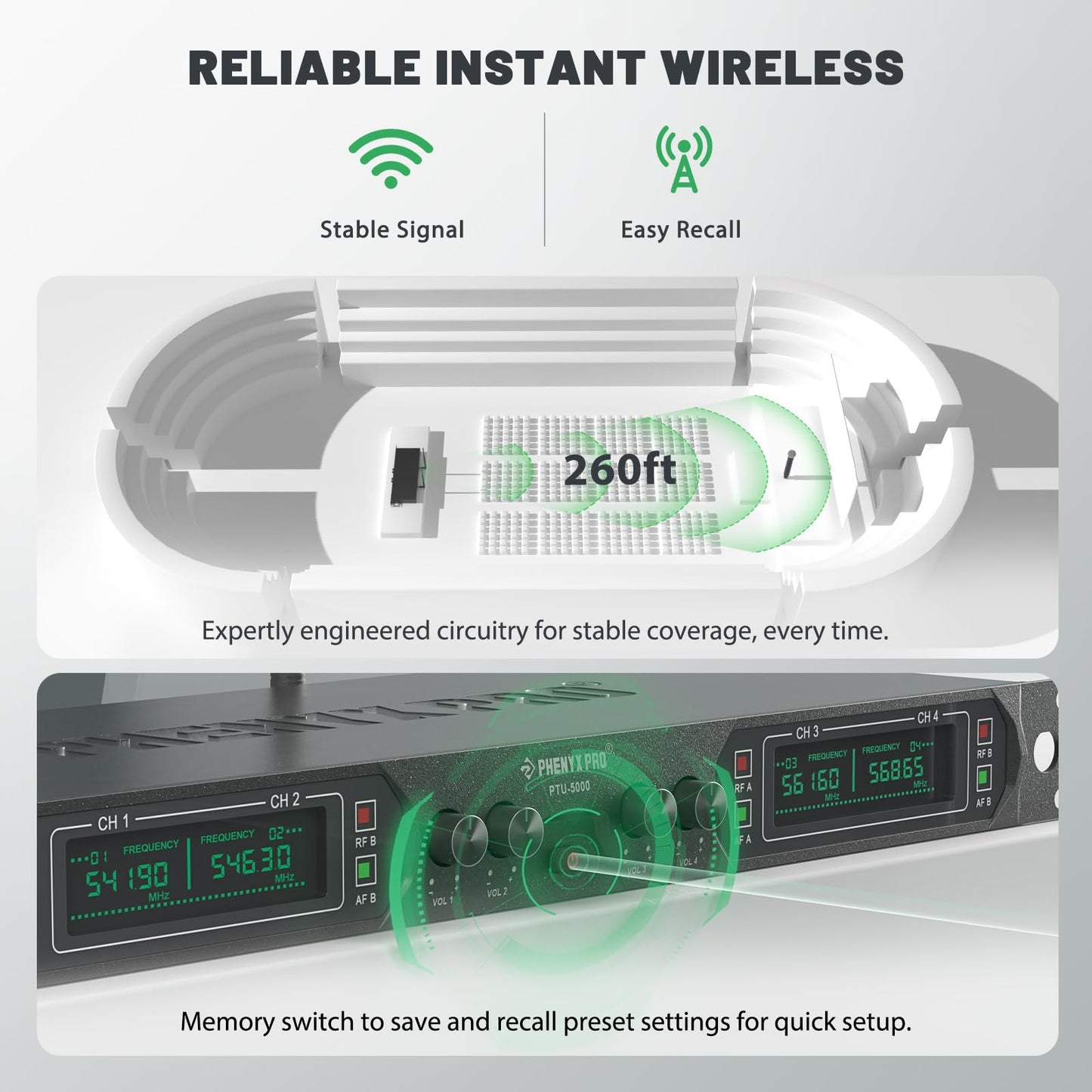 Phenyx Pro Wireless Microphone System, 4-Channel UHF Wireless Mic, Fixed Frequency Metal Cordless Mic with 4 Handheld Dynamic Microphones, 260ft