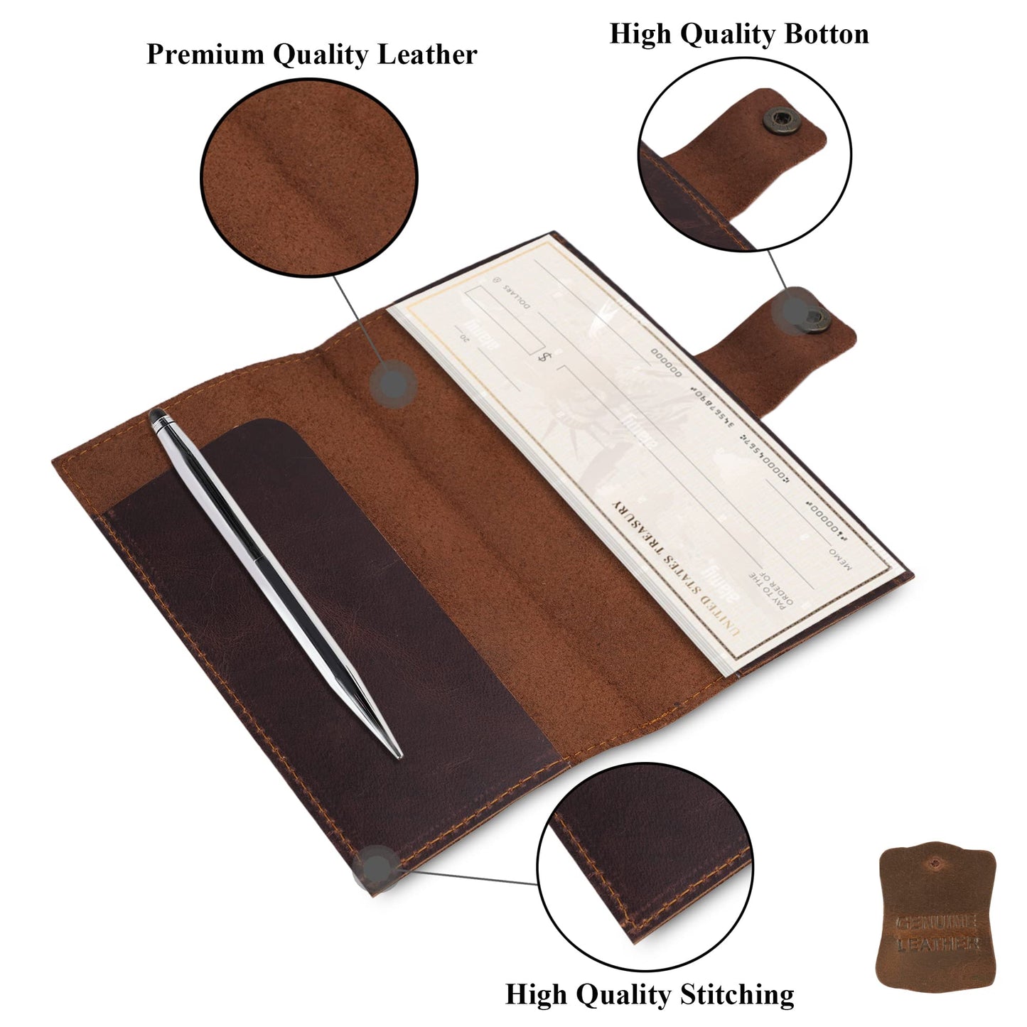 CestAntiQ Distressed Leather Checkbook Cover with Pen Holder - Handmade Executive Checkbook Wallet for Men, Women, Slim and Stylish Organizer (Brown)