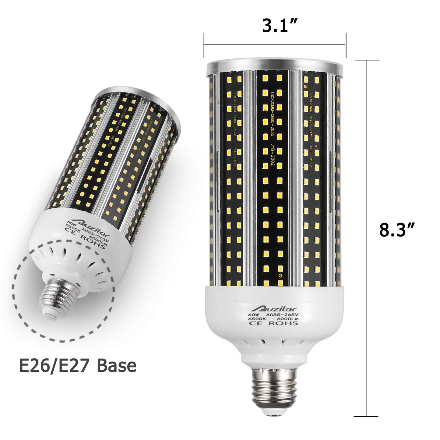 2-Pack?500W Equivalent?LED Corn Light Bulb 6000 Lumen 6500K 60W Large Area Cool Daylight White E26/E27 Medium Base for Outdoor Indoor Garage Warehouse
