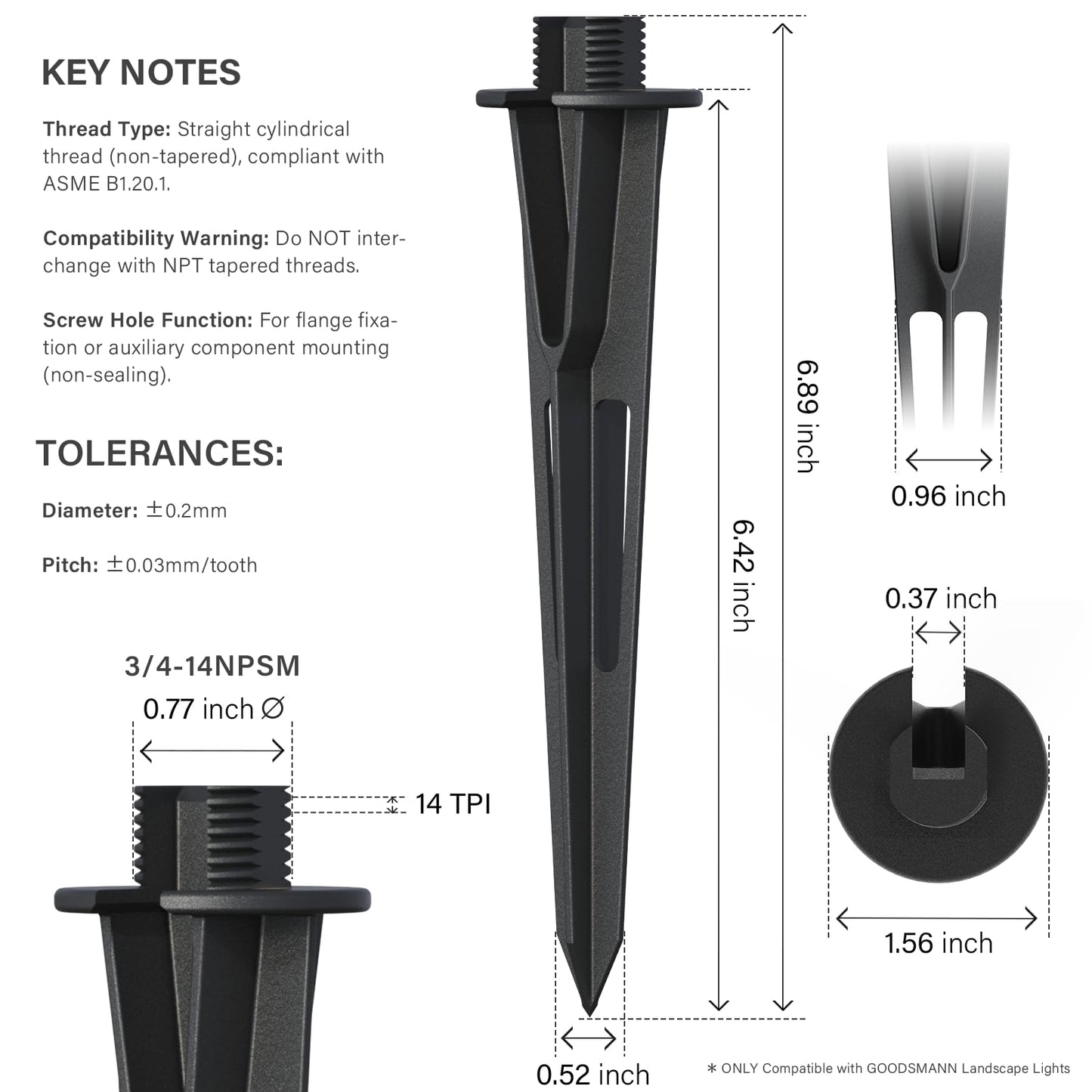 GOODSMANN 2PCS Metal Spikes Stakes with Male Thread 3/4-14NPSM 0.77IN for Low Voltage Landscape Lights Compatible with GOODSMANN Landscape Lights