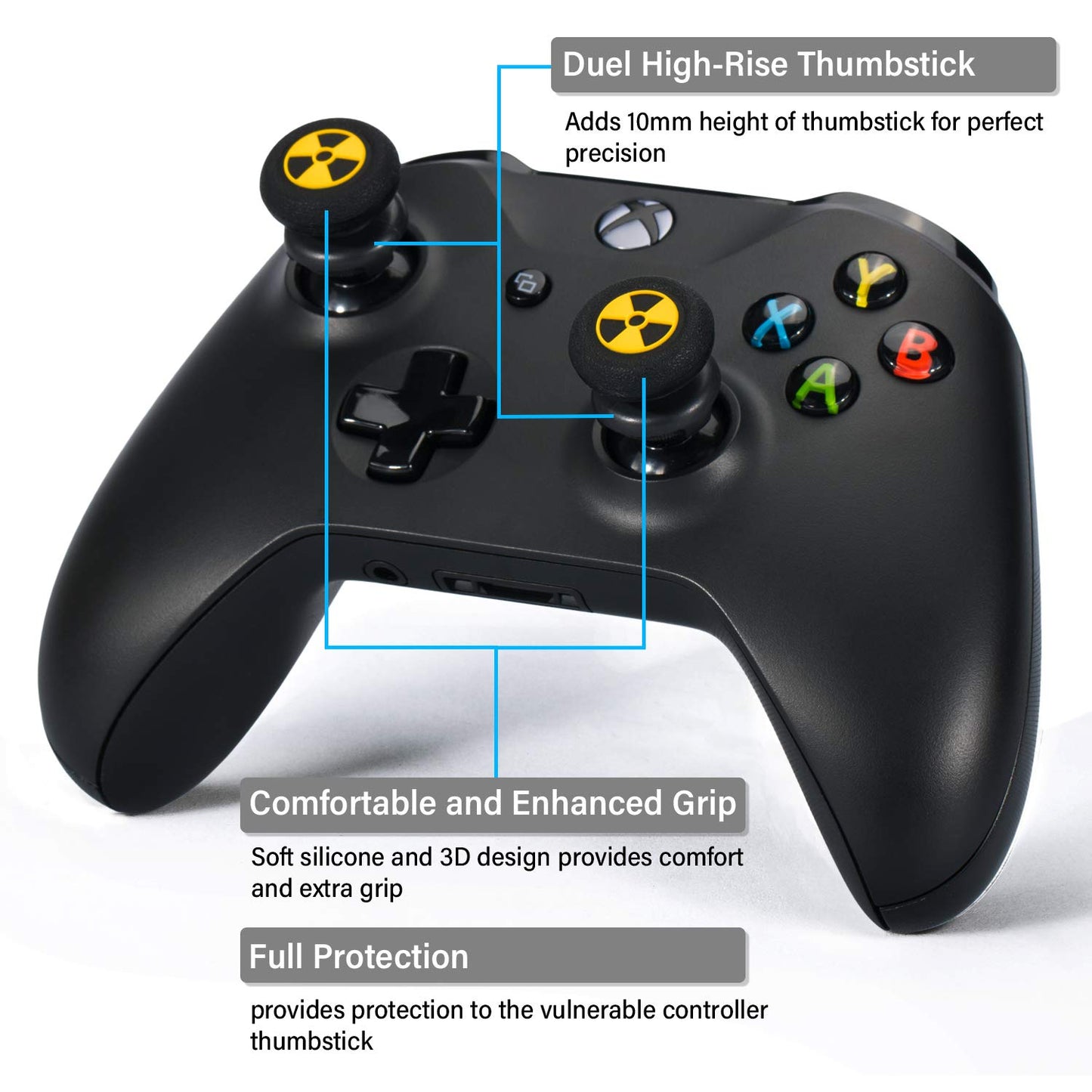 Playrealm FPS Thumbstick Extender x 2 & Printing Rubber Silicone Grip Cover x 4 for Xbox Series X/S & Xbox One Controller(Radiation Black & BioH Red)