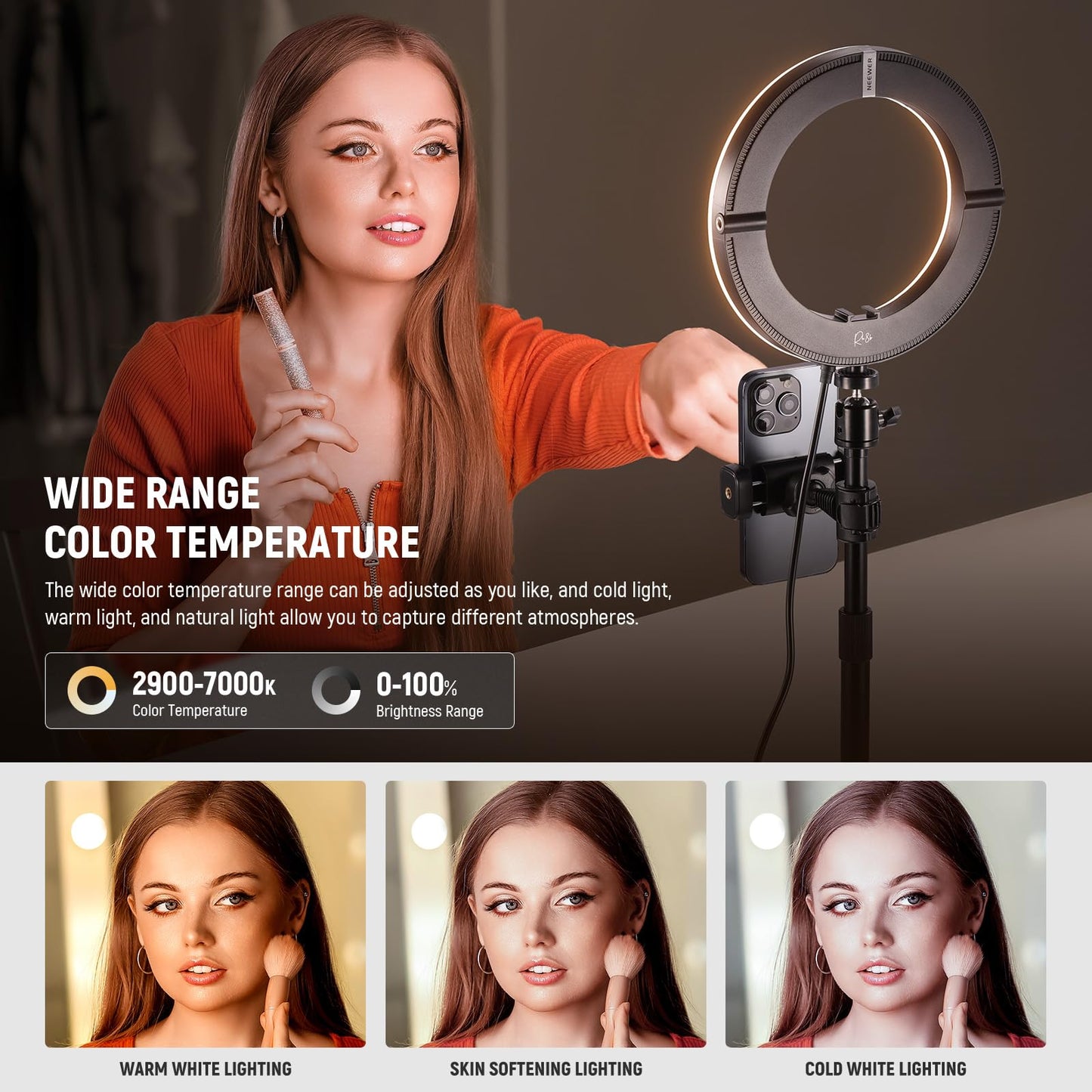 NEEWER 8" 18W High Power Desk Ring Light with Stand & Phone Holder, Circle Selfie Ringlight for iPhone Streaming Vlogging Recording, Video Conference
