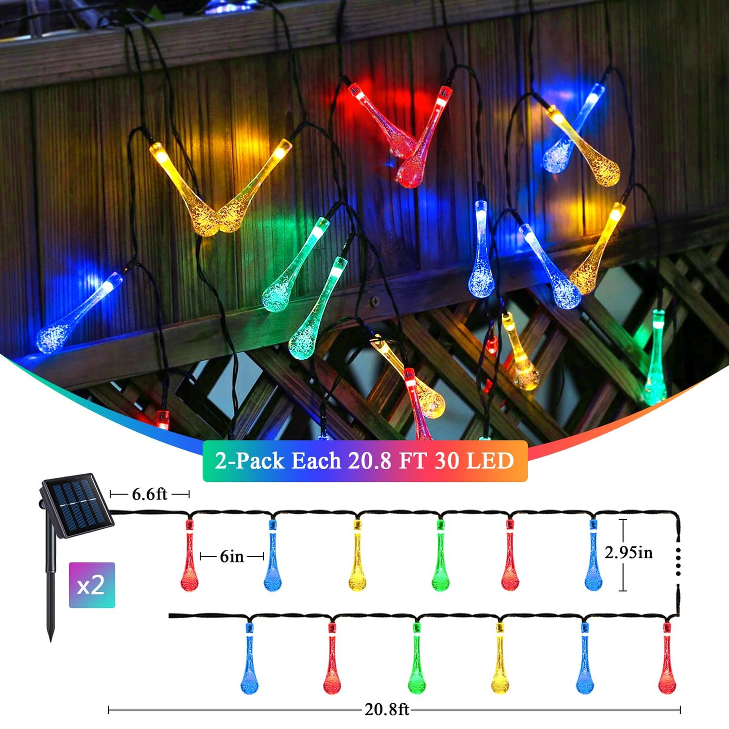 JMEXSUSS 2 Pack Solar String Lights Outdoor Waterproof, Total 41.6FT 60 LED Teardrop Water Drop Solar Lights, Multi Colored Christmas Lights