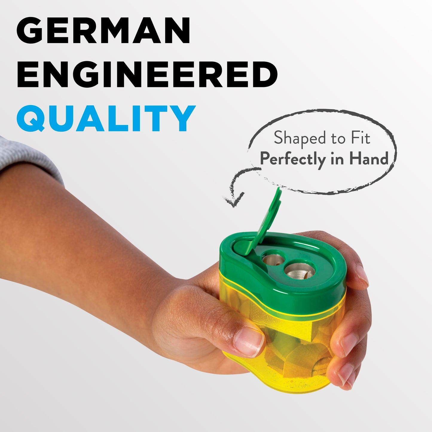 Ticonderoga Two-Hole Manual Pencil Sharpener for Standard and Beginner Pencils, Yellow/Green, 2" x 2" x 1.25", German-Engineered, 1 Count