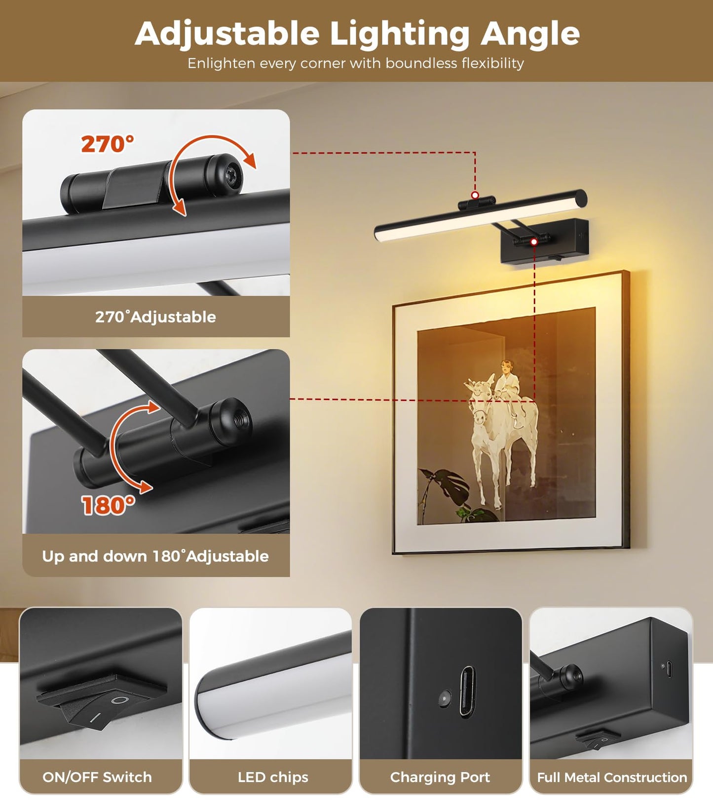 JUSHENG Black Picture Lights for Wall Battery Operated Gallery Lights 3CCT Dimmable Art Lamp Wireless Painting Lights for Display, Portraits 15.35''