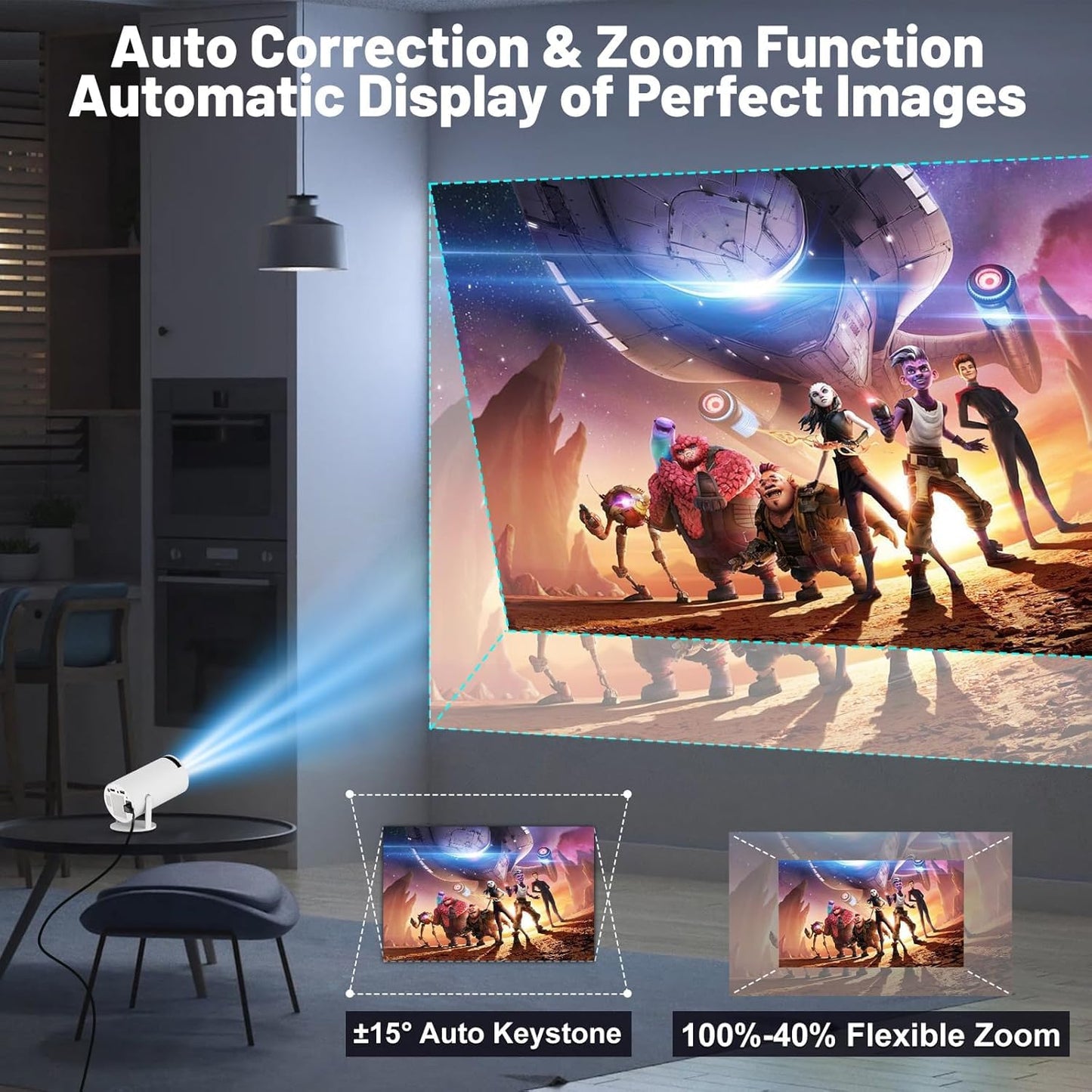FEARWIKY Mini Projector with 5G WIFI and Bluetooth, 4K 1080P Support Portable Projector 180° Rotatable 130'' Screen Movie Projector Auto Keystone