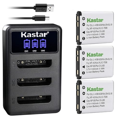 Kastar Battery 3-Pack + LCD Triple Charger Replacement for Olympus LI-42B LI-40B, Fujifilm NP-45 NP-45A NP-45B NP-45S, Nikon EN-EL10, Kodak KLIC-7006
