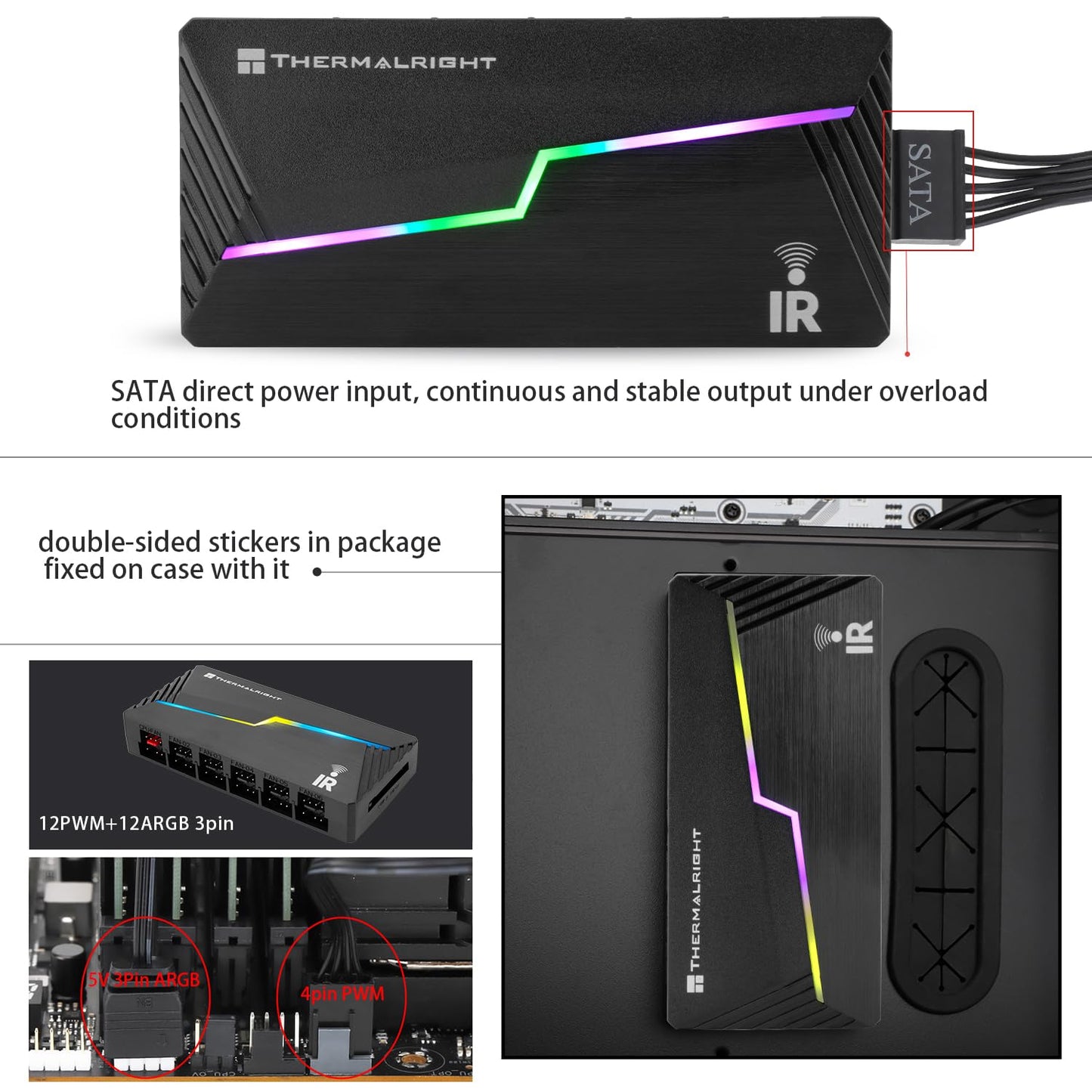Thermalright ARGB and Fan HUB X12 IR Black ARGB/PWM Fan Hub Controller Used SATA Power Supply,Hub Support 12 Groups of CPU Fans,Power Supply Interface