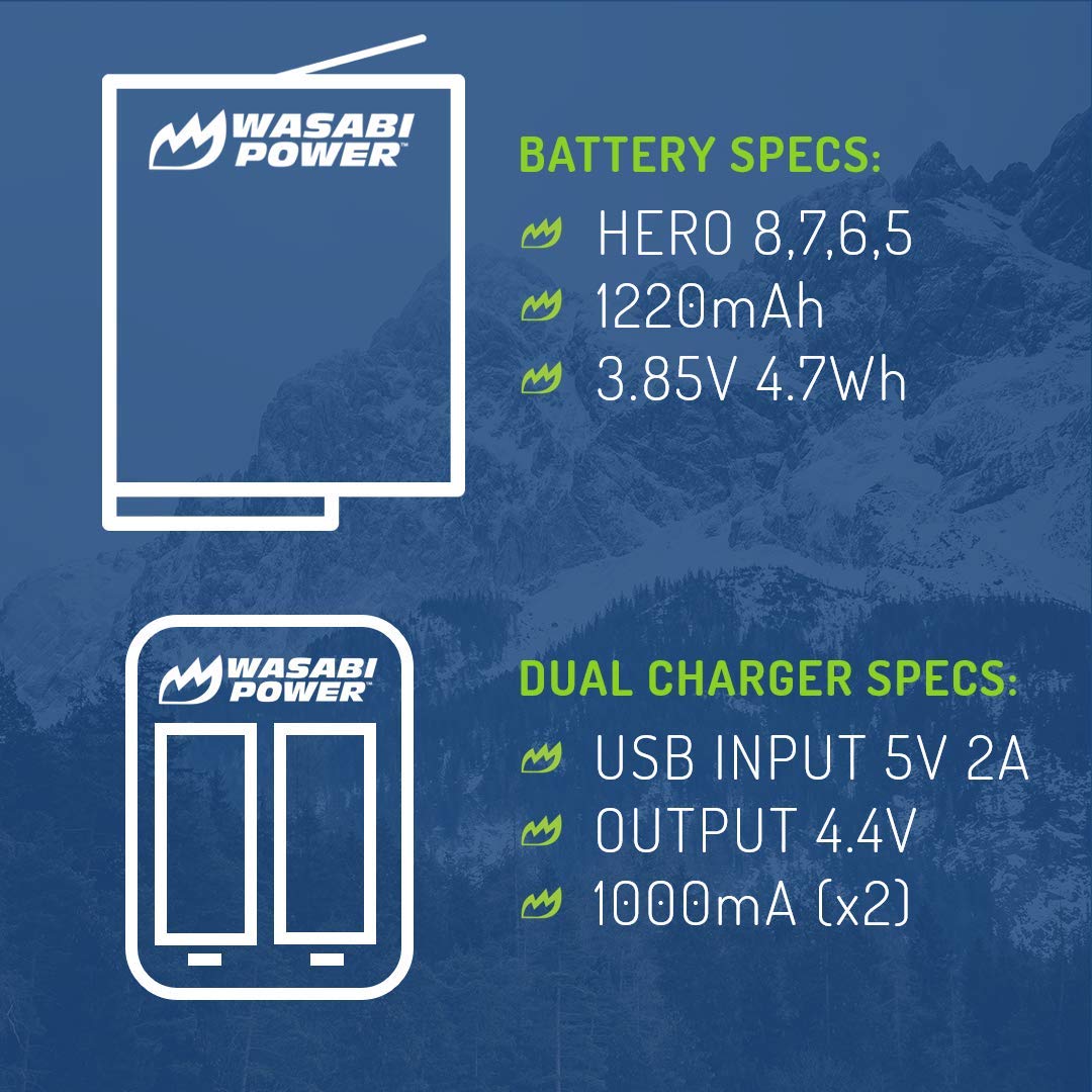 Wasabi Power HERO8 Battery (4-Pack) and Dual Charger for GoPro Hero 8 Black (All Features Available), Hero 7 Black, Hero 6 Black, Hero 5 Black, Hero