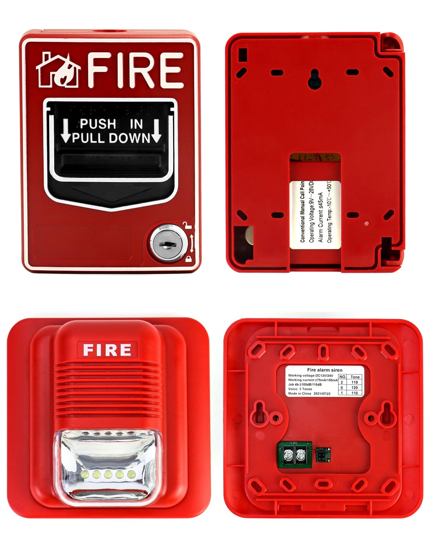 QWORK Wired Emergency Sound and Light Fire Alarm Station, 12 / 24V DC Wired Strobe Siren Horn and Dual Action Manual Call Point Panic Button 9-28VDC
