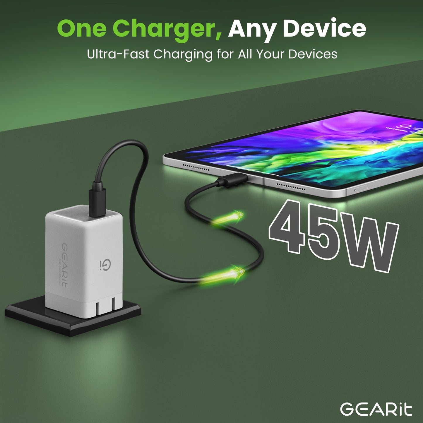 GEARit Compatible with Apple, Samsung, iPhone, iPad | 45W USB C Charger Block | Foldable GaN Wall Charger Box | Fast Charging Wall Plug Power Adapter