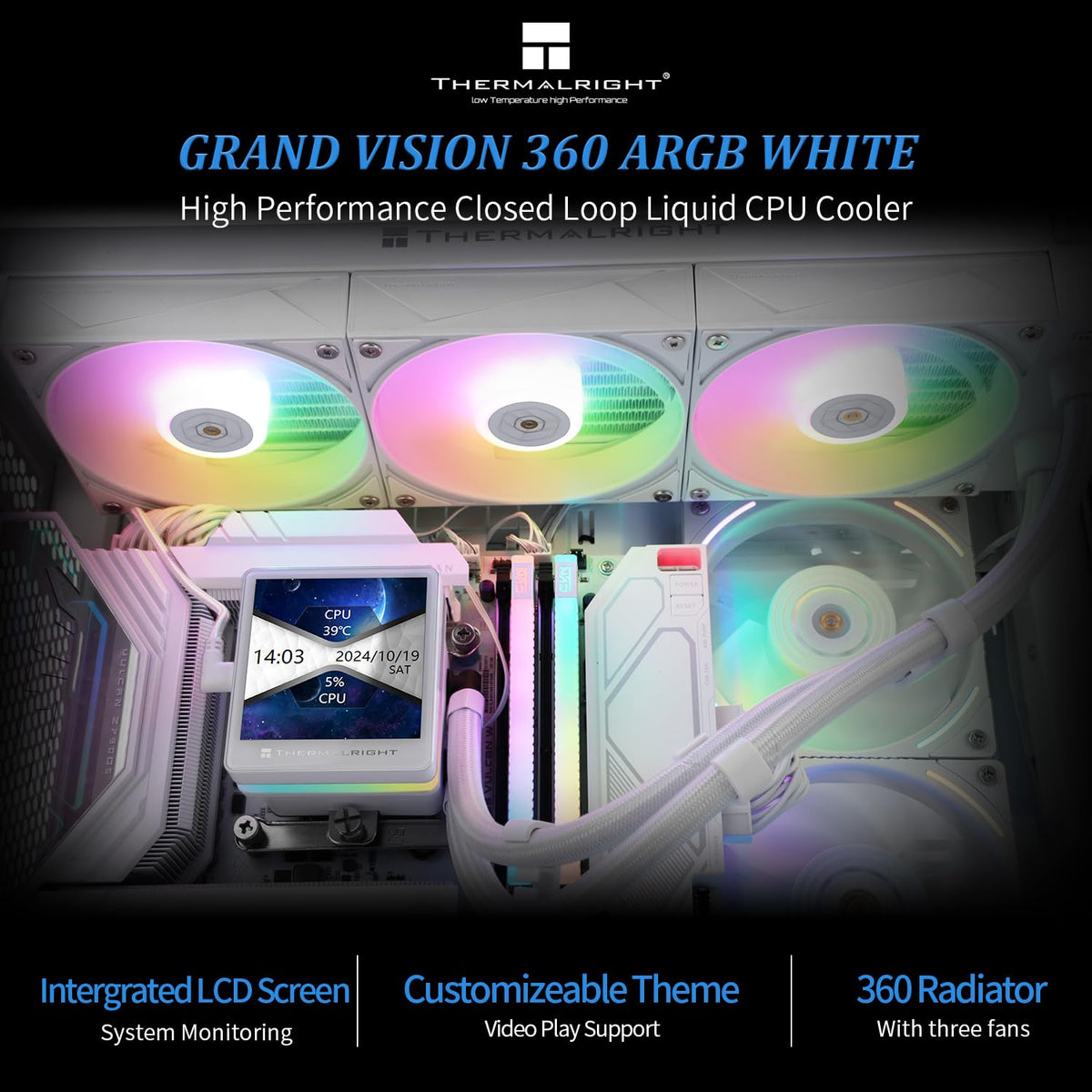 Thermalright Grand Vision 360 ARGB White CPU Water Cooler with 3 PWM Fans with 2150RPM,IPS LCD Screen with 480x480 Resolution,Liquid CPU Cooler